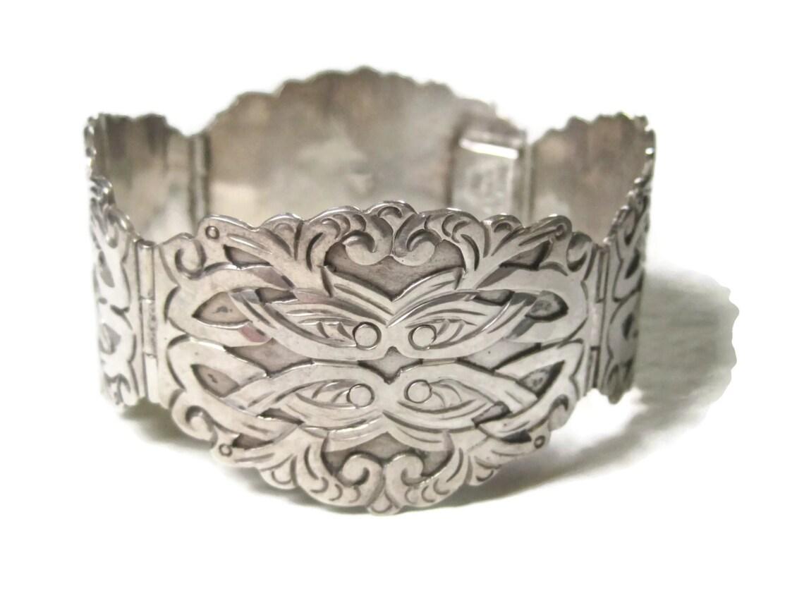 Art Nouveau Ornate Vintage Mexican Sterling Panel Bracelet Ruiz For Sale