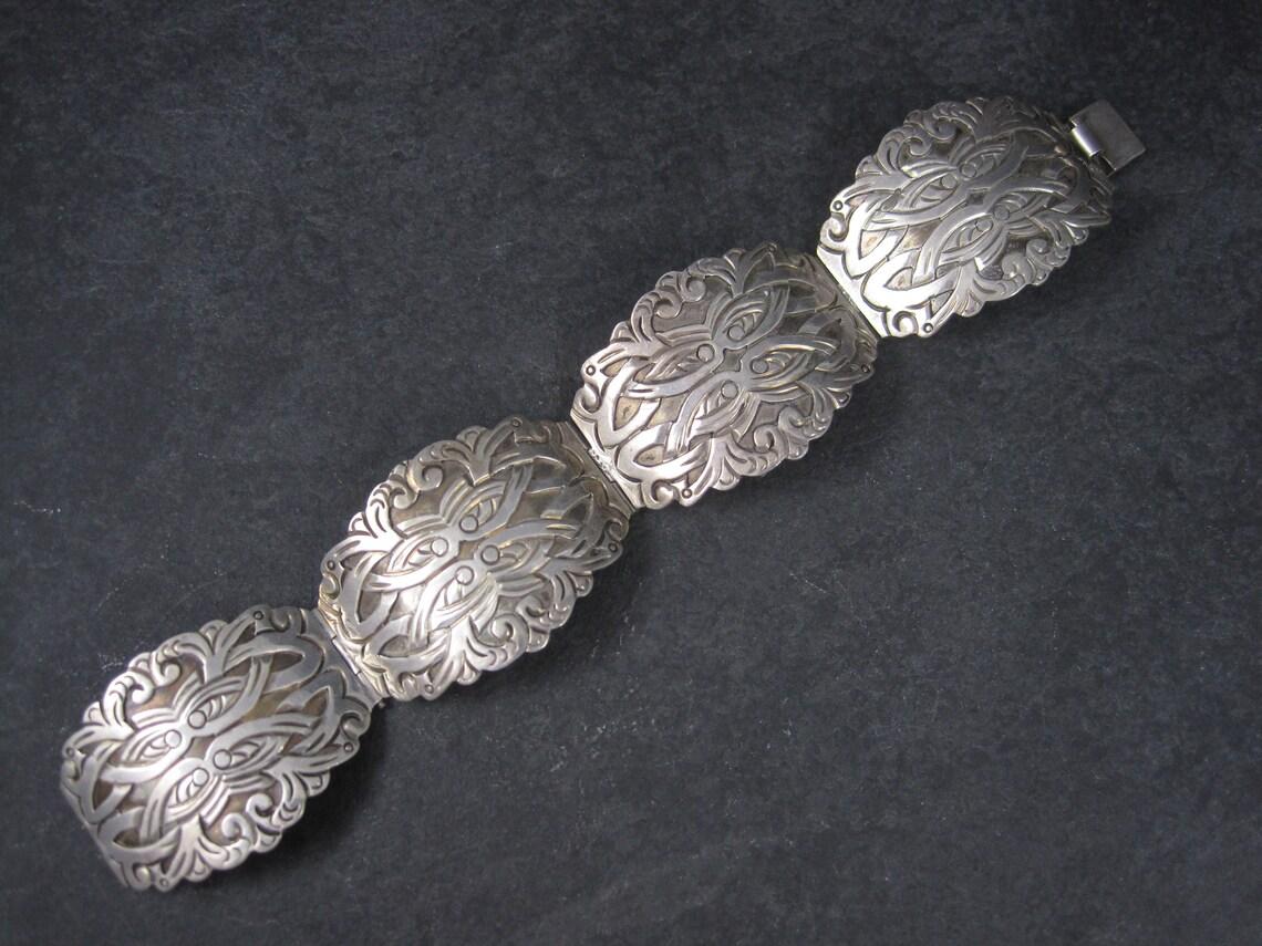 Ornate Vintage Mexican Sterling Panel Bracelet Ruiz In Excellent Condition For Sale In Webster, SD