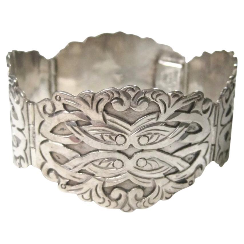 Ornate Vintage Mexican Sterling Panel Bracelet Ruiz For Sale