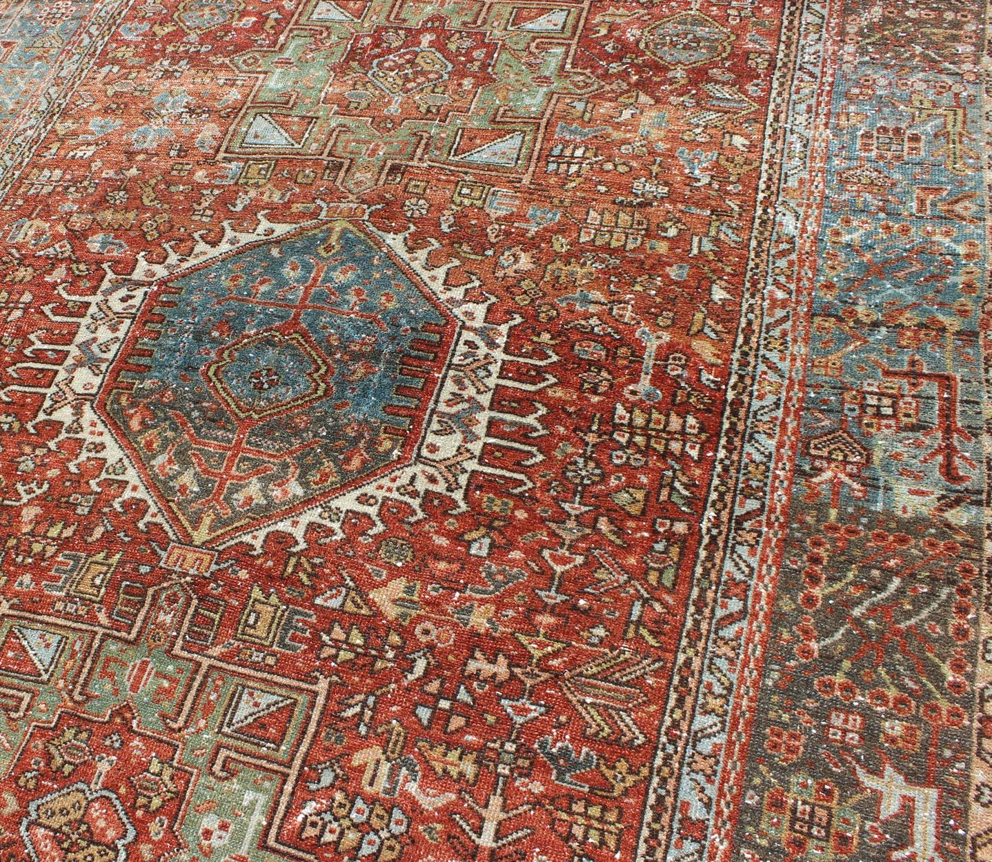 Ornate Vintage Persian Karadjeh Rug with Three-Geometric Medallions and Motifs For Sale 4