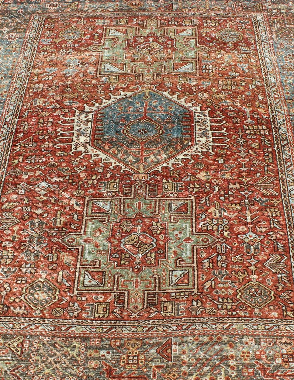 Ornate Vintage Persian Karadjeh Rug with Three-Geometric Medallions and Motifs For Sale 5