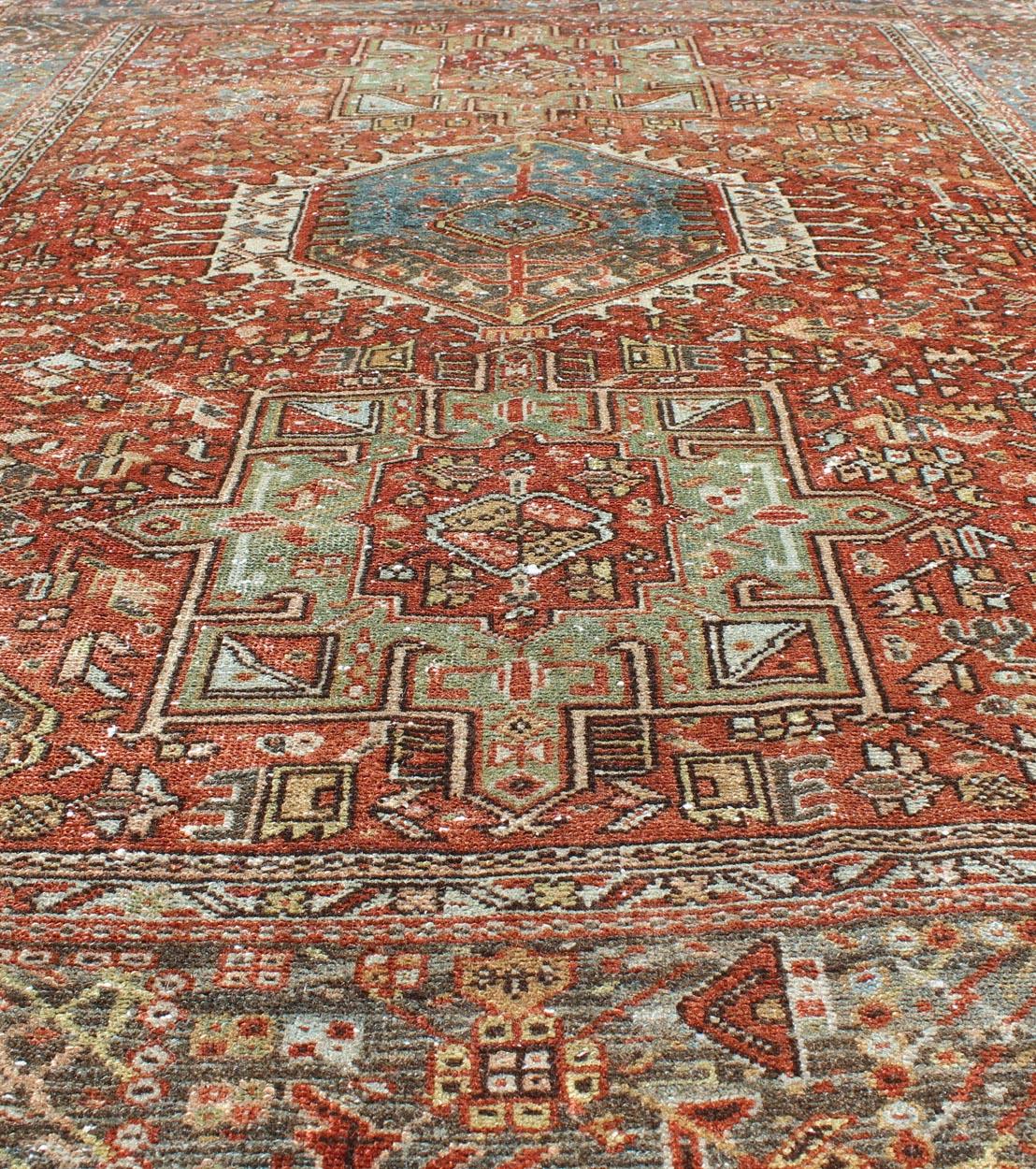 Ornate Vintage Persian Karadjeh Rug with Three-Geometric Medallions and Motifs For Sale 6