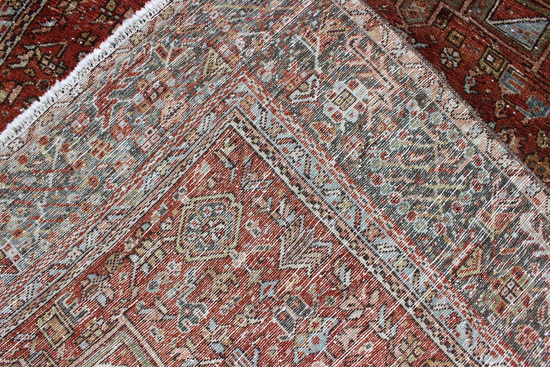 Ornate Vintage Persian Karadjeh Rug with Three-Geometric Medallions and Motifs For Sale 7