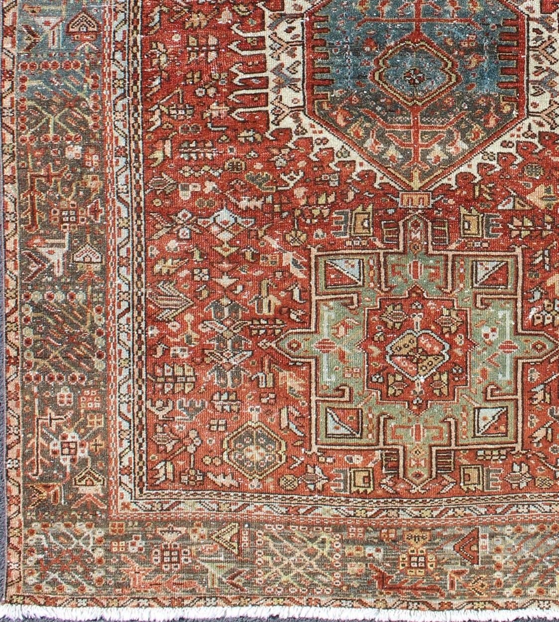 Karadjeh rug vintage Persian with Ornate and Intricate design of Medallions and geometric motifs, rug gng-4765, country of origin / type: Iran / Karadjeh, circa 1930

This early 20th century, handwoven antique Persian Karadjeh rug features a