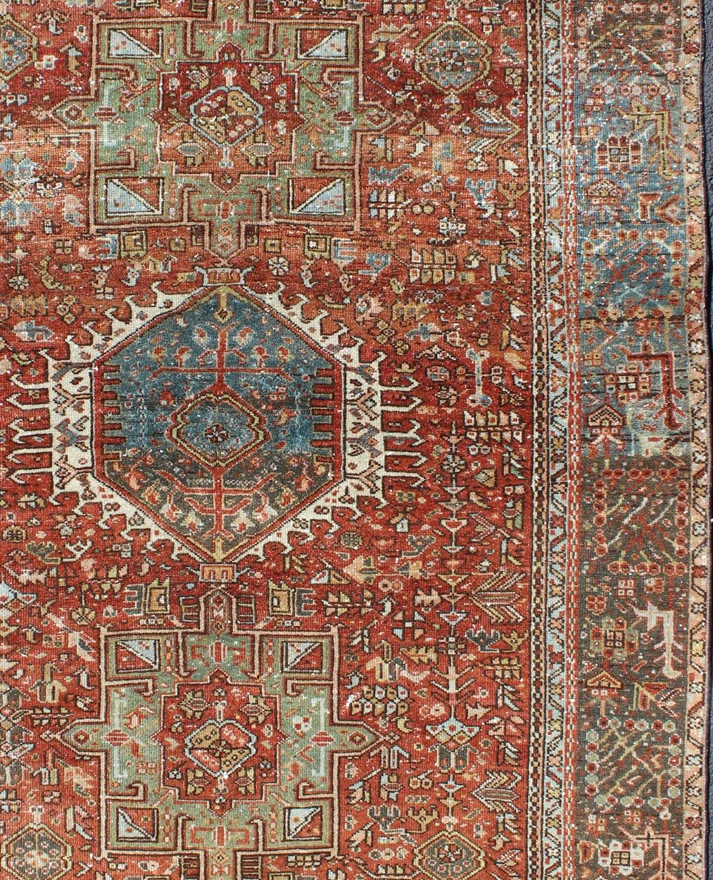 Hand-Knotted Ornate Vintage Persian Karadjeh Rug with Three-Geometric Medallions and Motifs For Sale