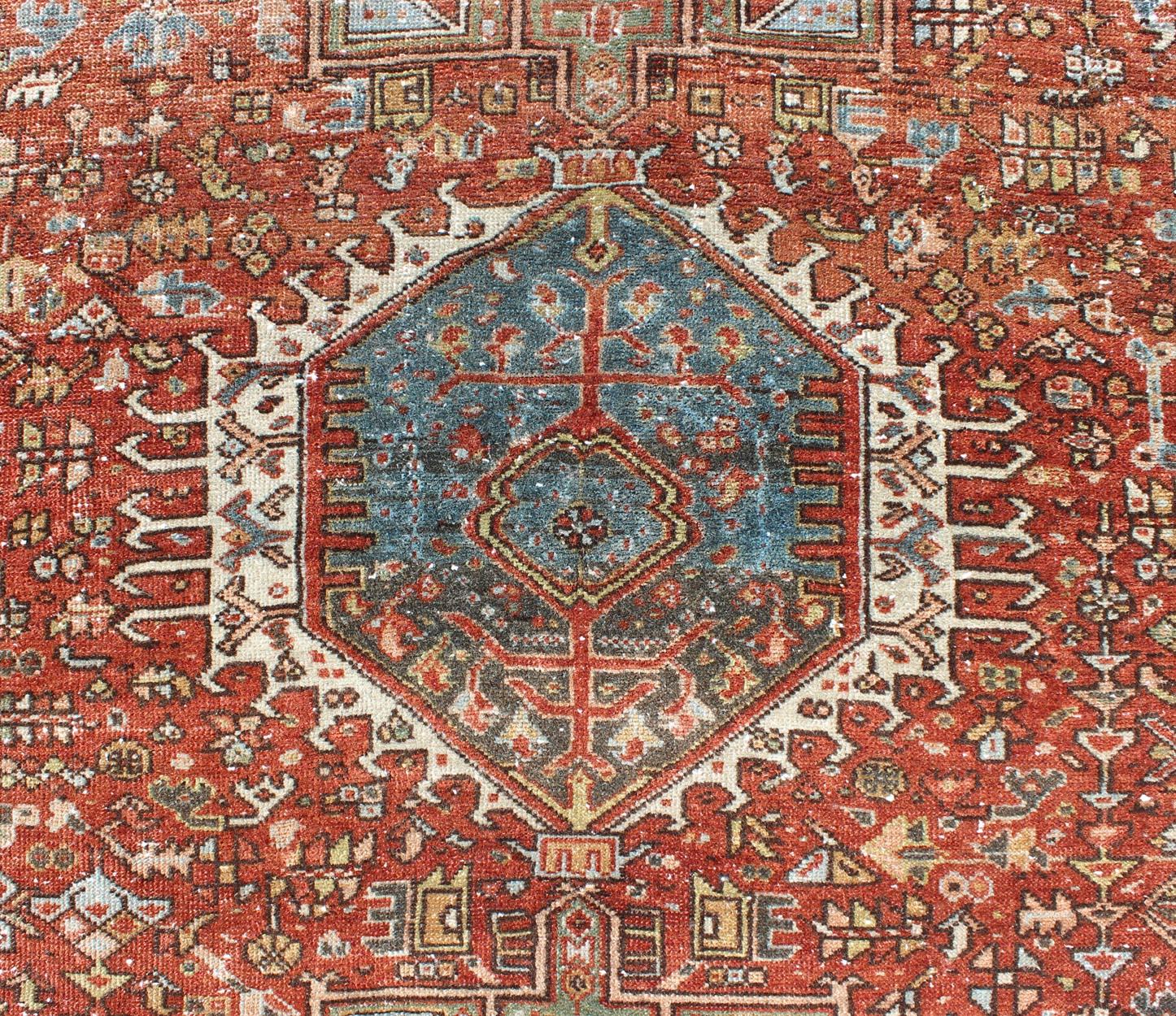 Wool Ornate Vintage Persian Karadjeh Rug with Three-Geometric Medallions and Motifs For Sale