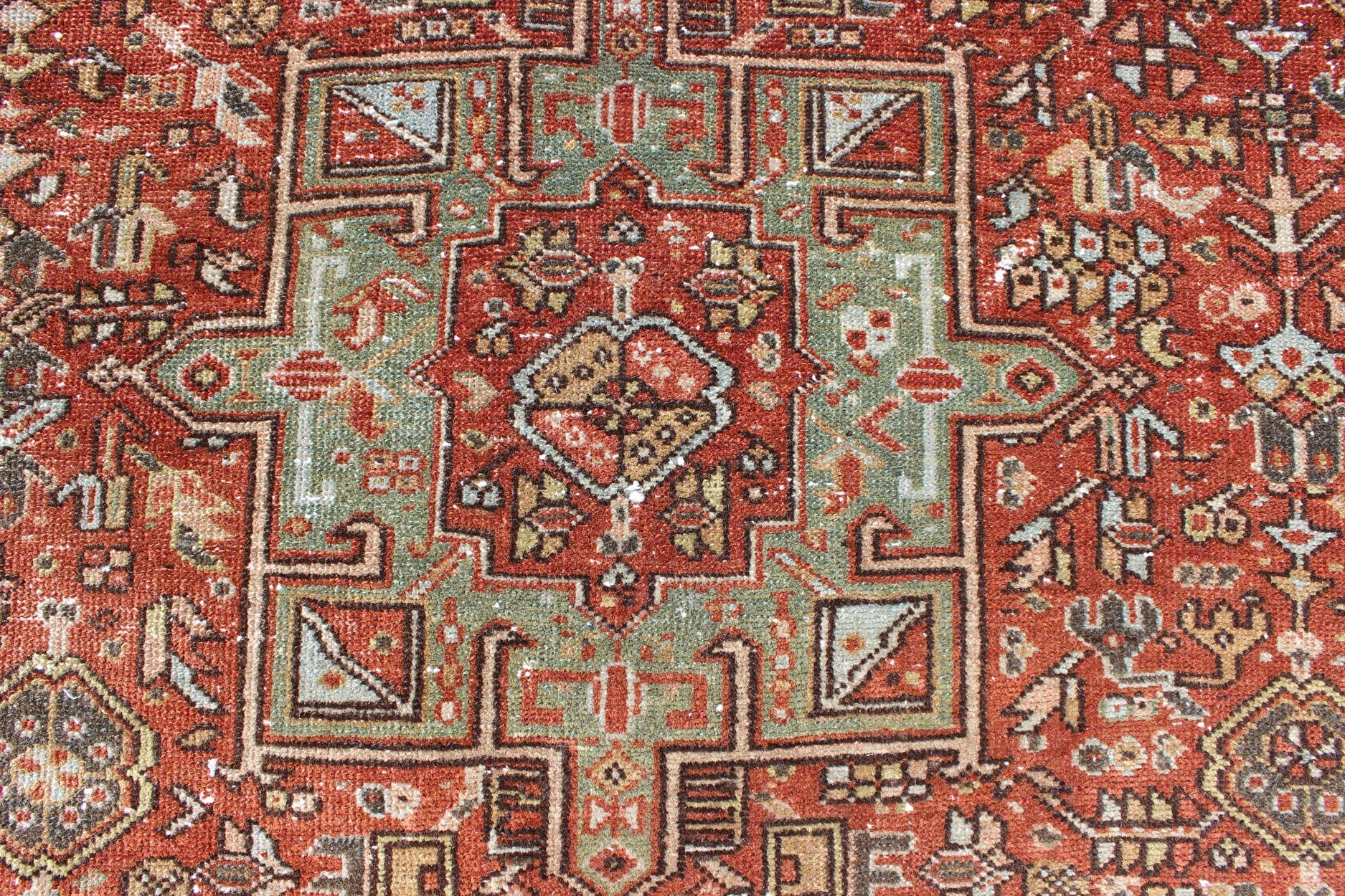 Ornate Vintage Persian Karadjeh Rug with Three-Geometric Medallions and Motifs For Sale 2