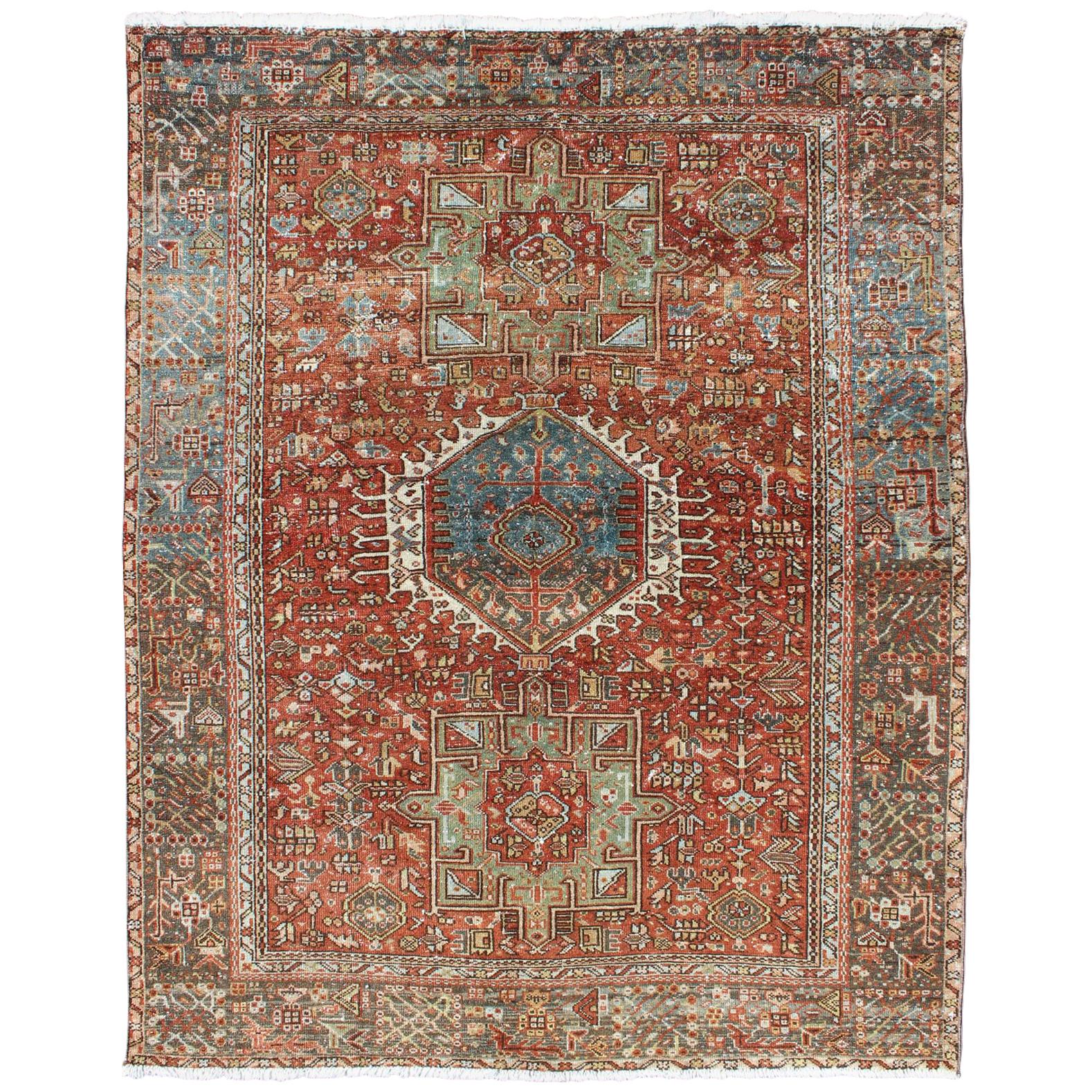 Ornate Vintage Persian Karadjeh Rug with Three-Geometric Medallions and Motifs For Sale