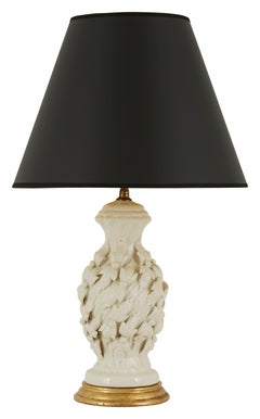 Ornate White Ceramic Table Lamp with Black Shade