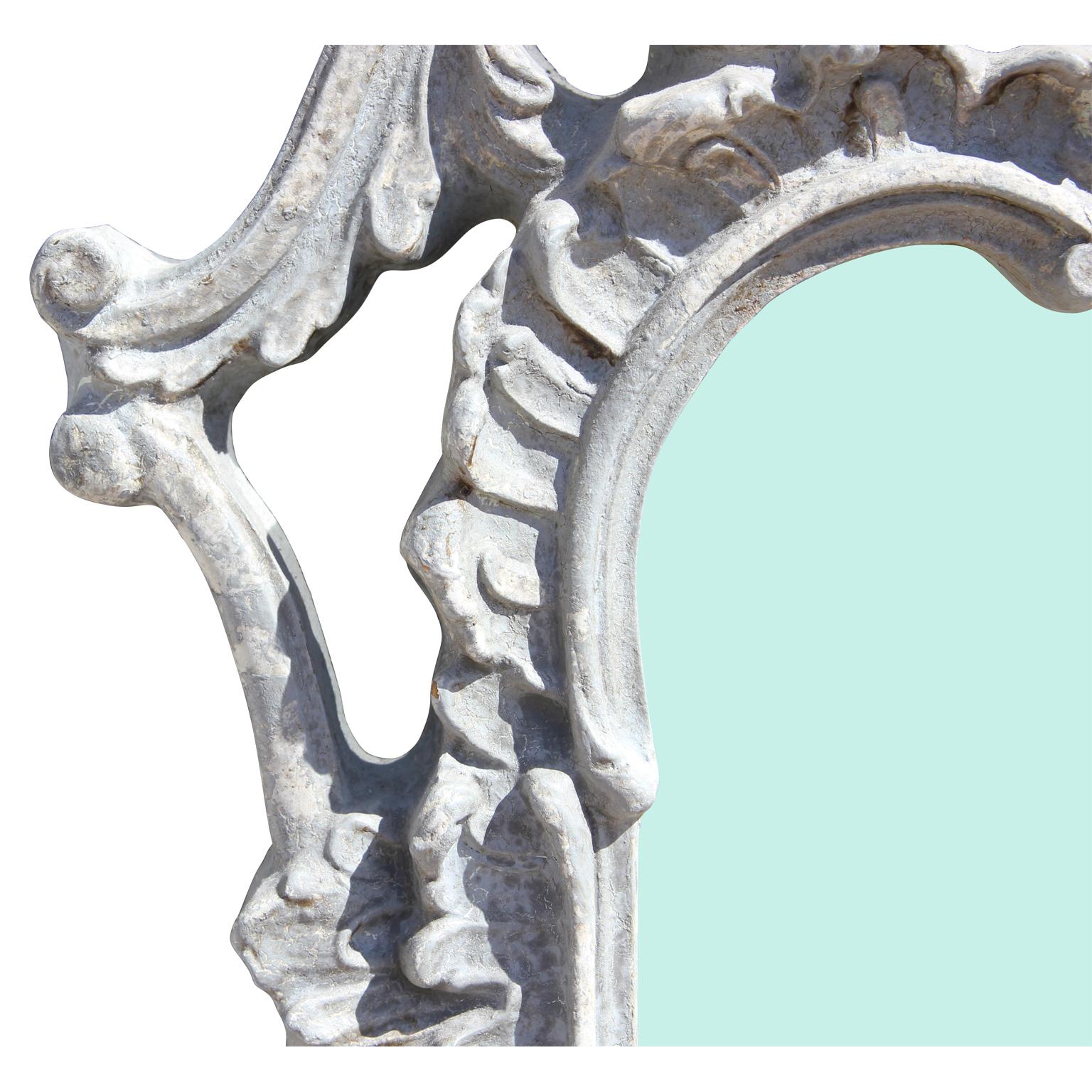 Ornate White / Grey Washed La Barge Style Carved Louis French Mirror In Good Condition In Houston, TX