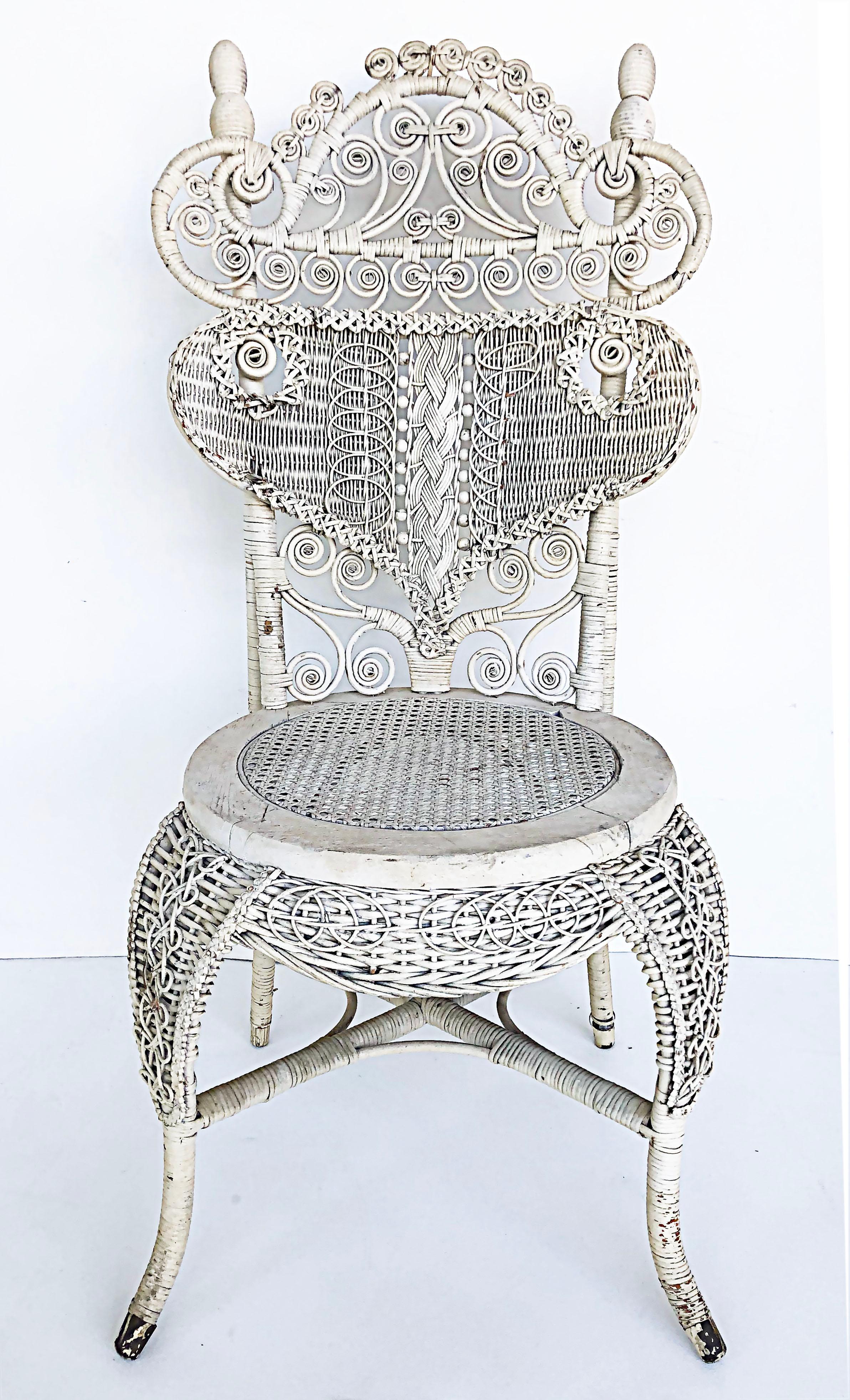 American Ornate White Painted Late Victorian Wicker Chair For Sale