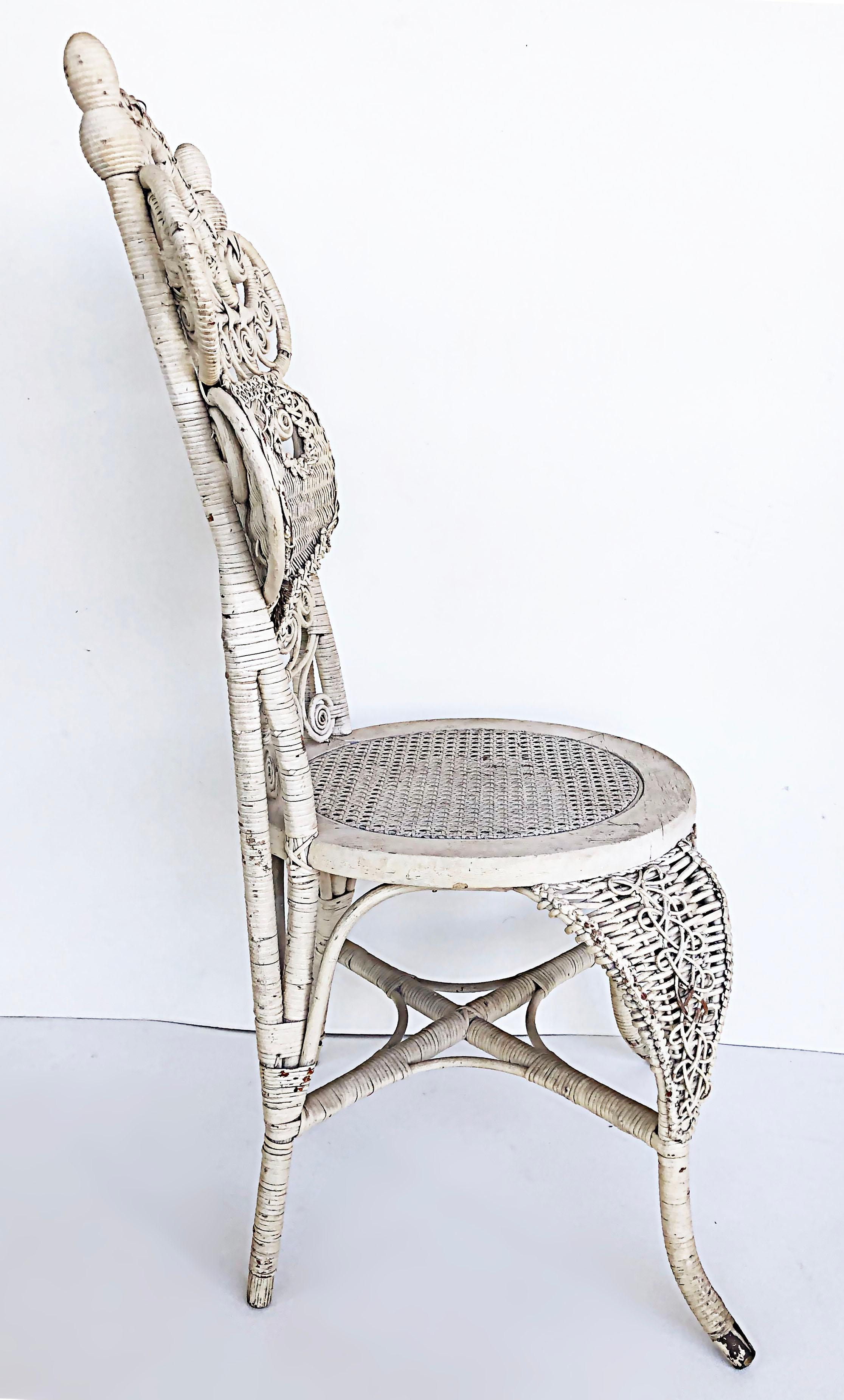 20th Century Ornate White Painted Late Victorian Wicker Chair For Sale