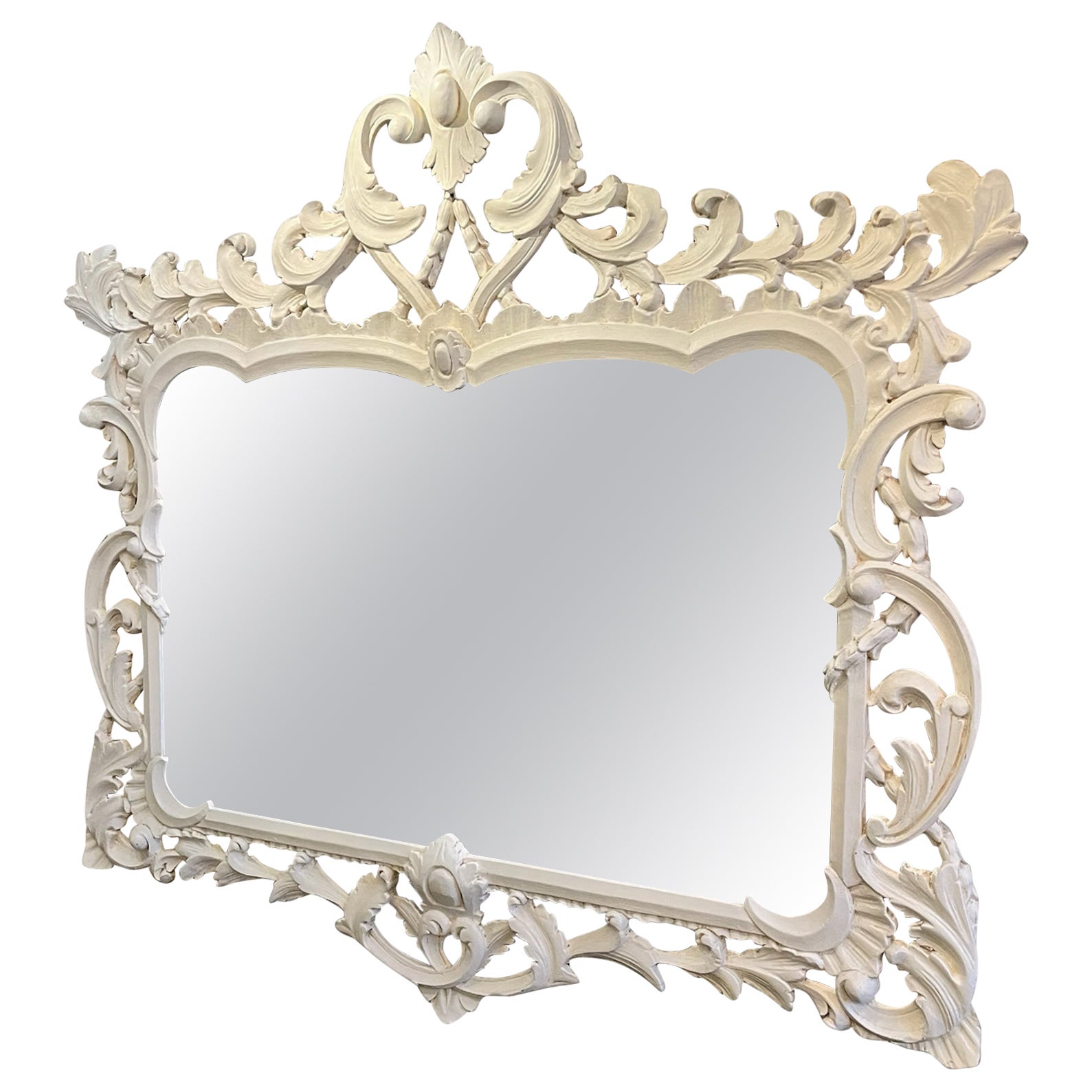 Ornate White Painted Overmantle Mirror For Sale