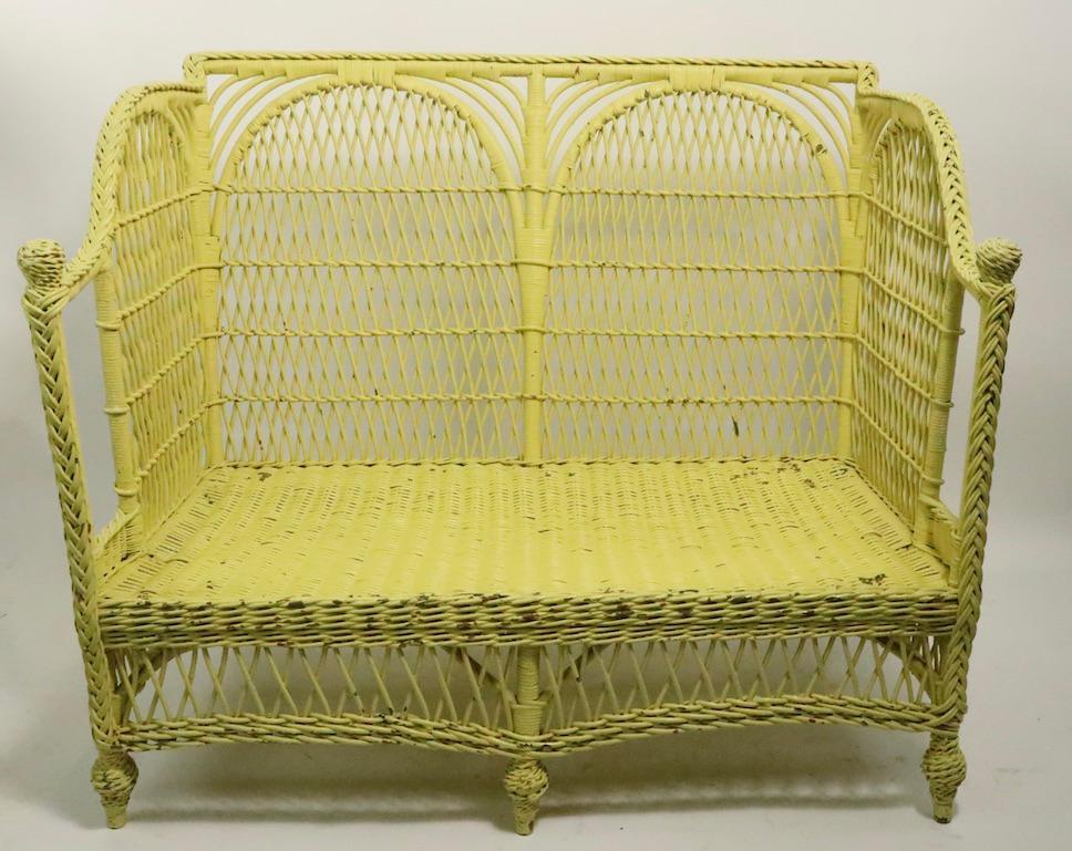 Victorian Ornate Wicker Settee Loveseat Sofa Attributed to Heywood Brothers Company