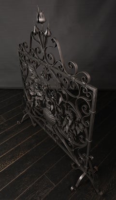 Ornate Wrought Fire Screen with Roses & Tulips
