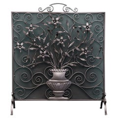 Ornate Wrought Fire Screen with Scrollwork and Wild Flowers