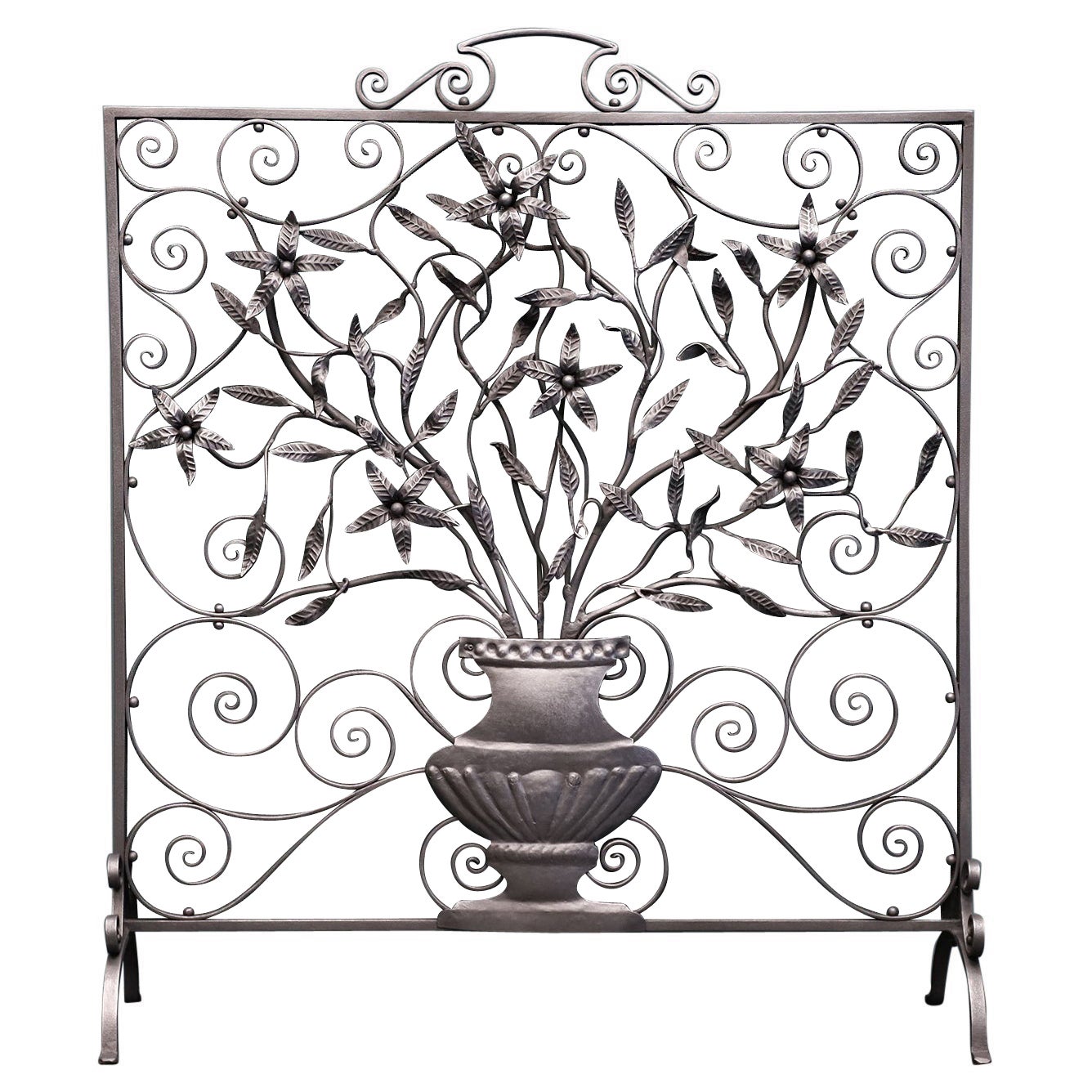 Ornate Wrought Fire Screen with Scrollwork and Wild Flowers