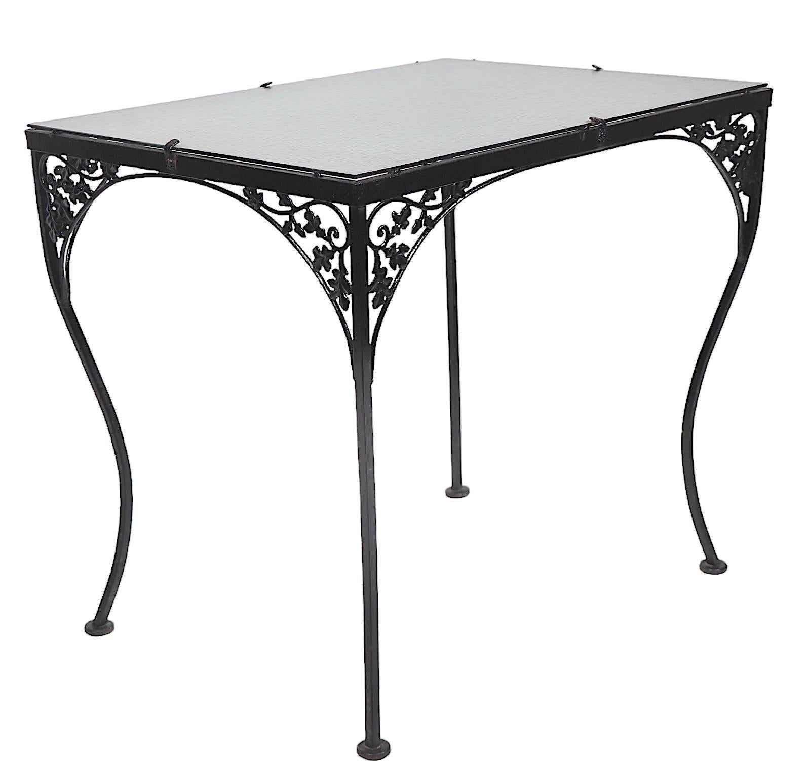 American Ornate Wrought Iron and Glass Garden Patio Poolside Dining Table att. to Woodard For Sale