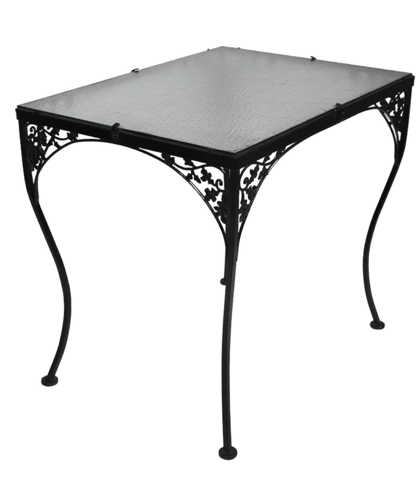 Ornate Wrought Iron and Glass Garden Patio Poolside Dining Table att. to Woodard For Sale 1