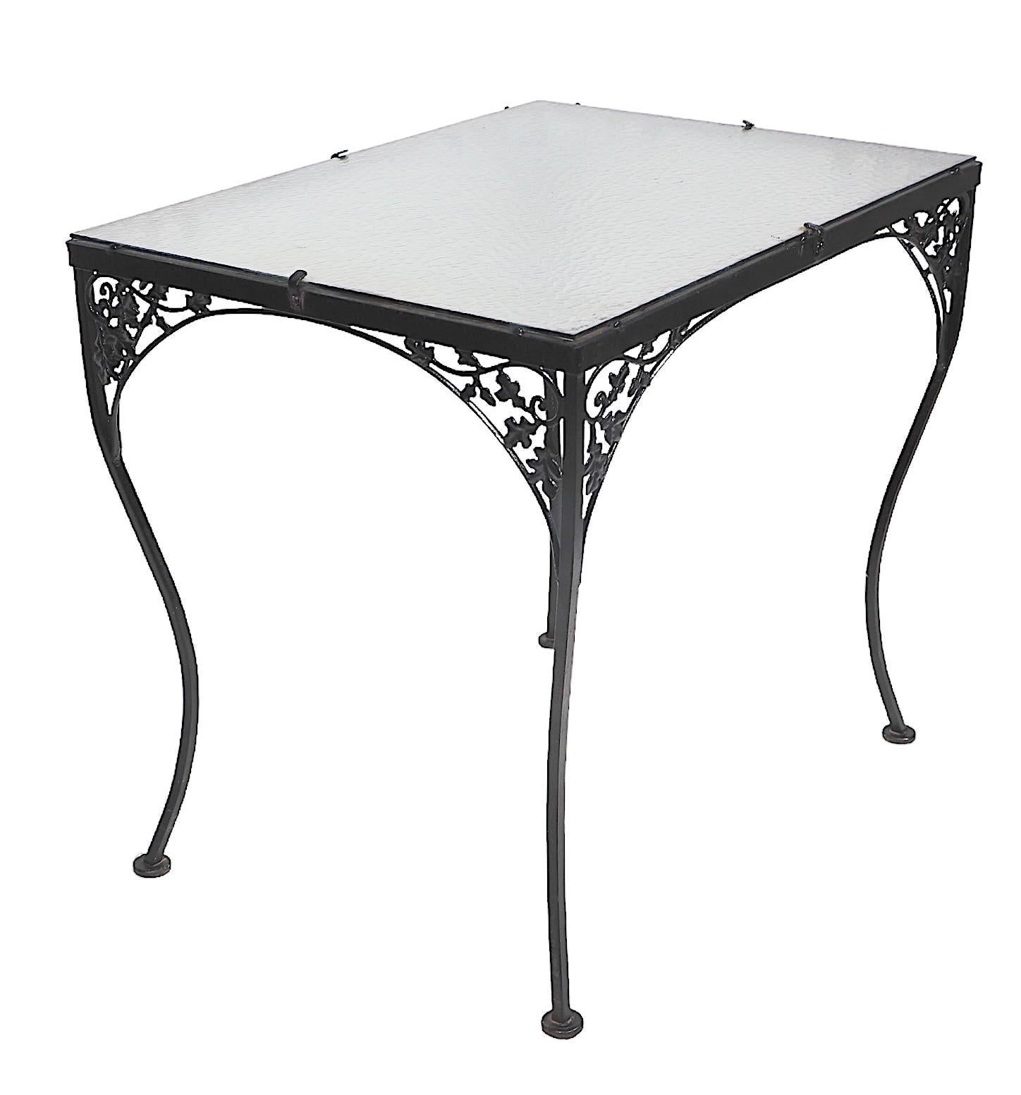 Ornate Wrought Iron and Glass Garden Patio Poolside Dining Table att. to Woodard For Sale 2