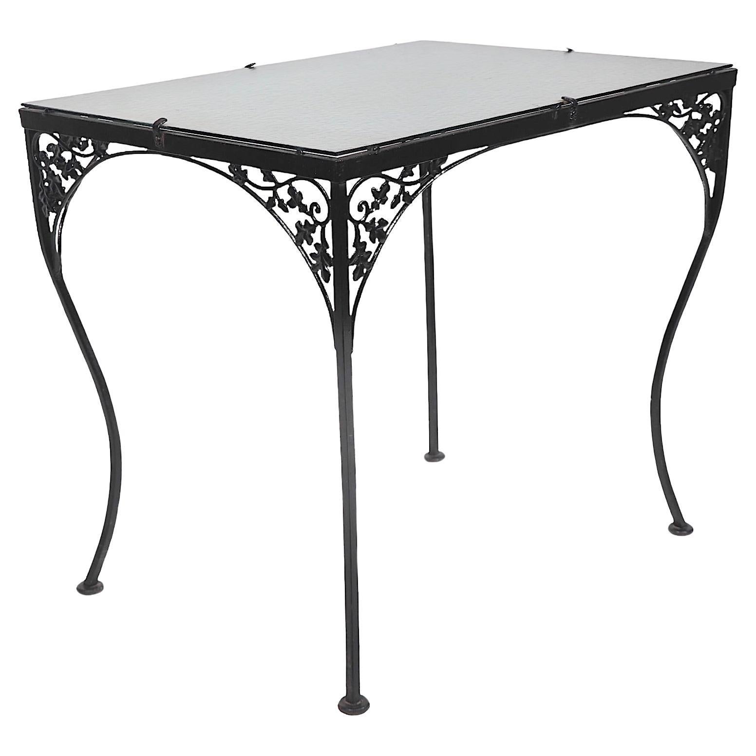Ornate Wrought Iron and Glass Garden Patio Poolside Dining Table att. to Woodard For Sale