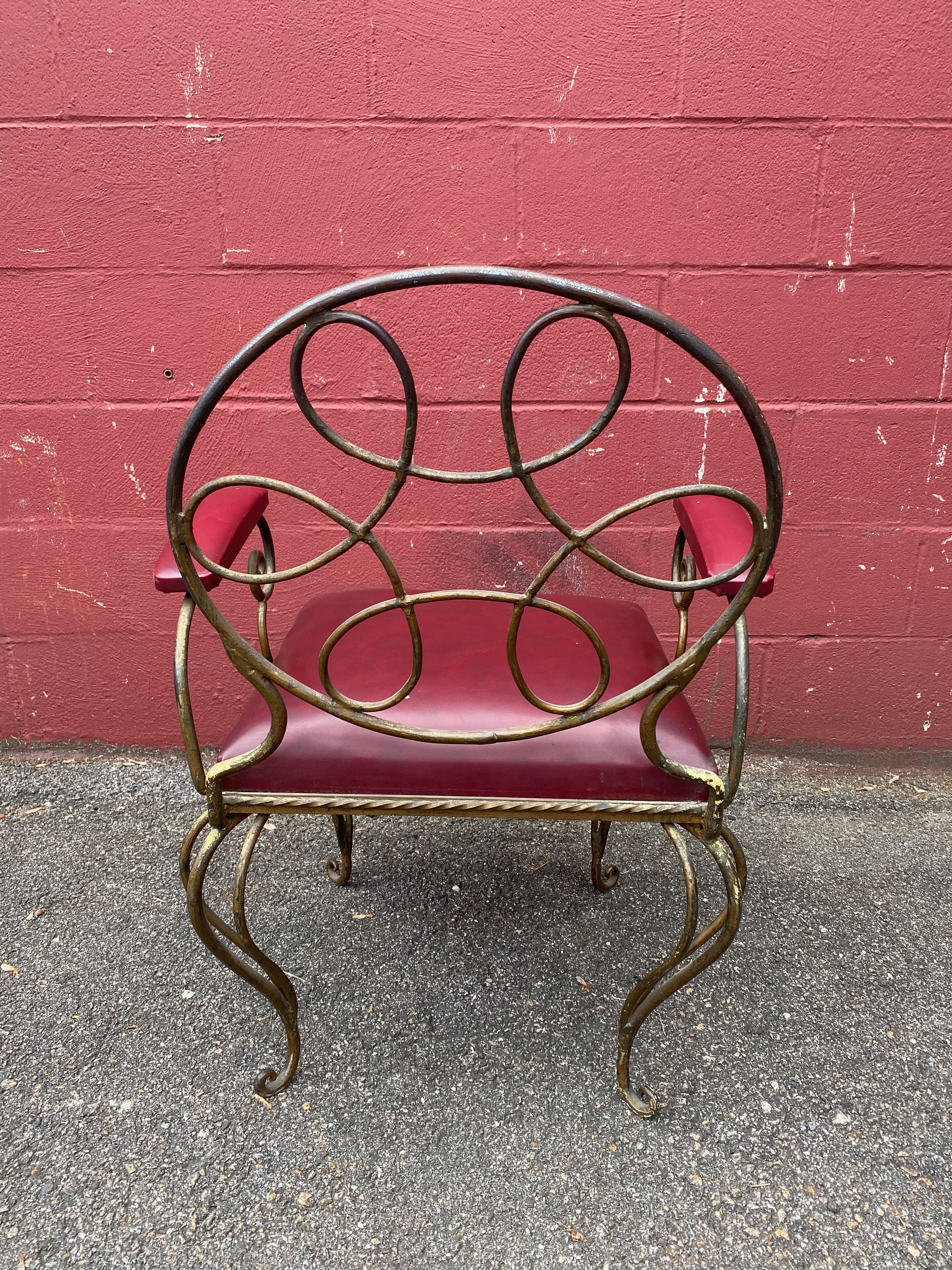 Ornate Wrought Iron Armchair in Oxblood Red Vinyl For Sale 5
