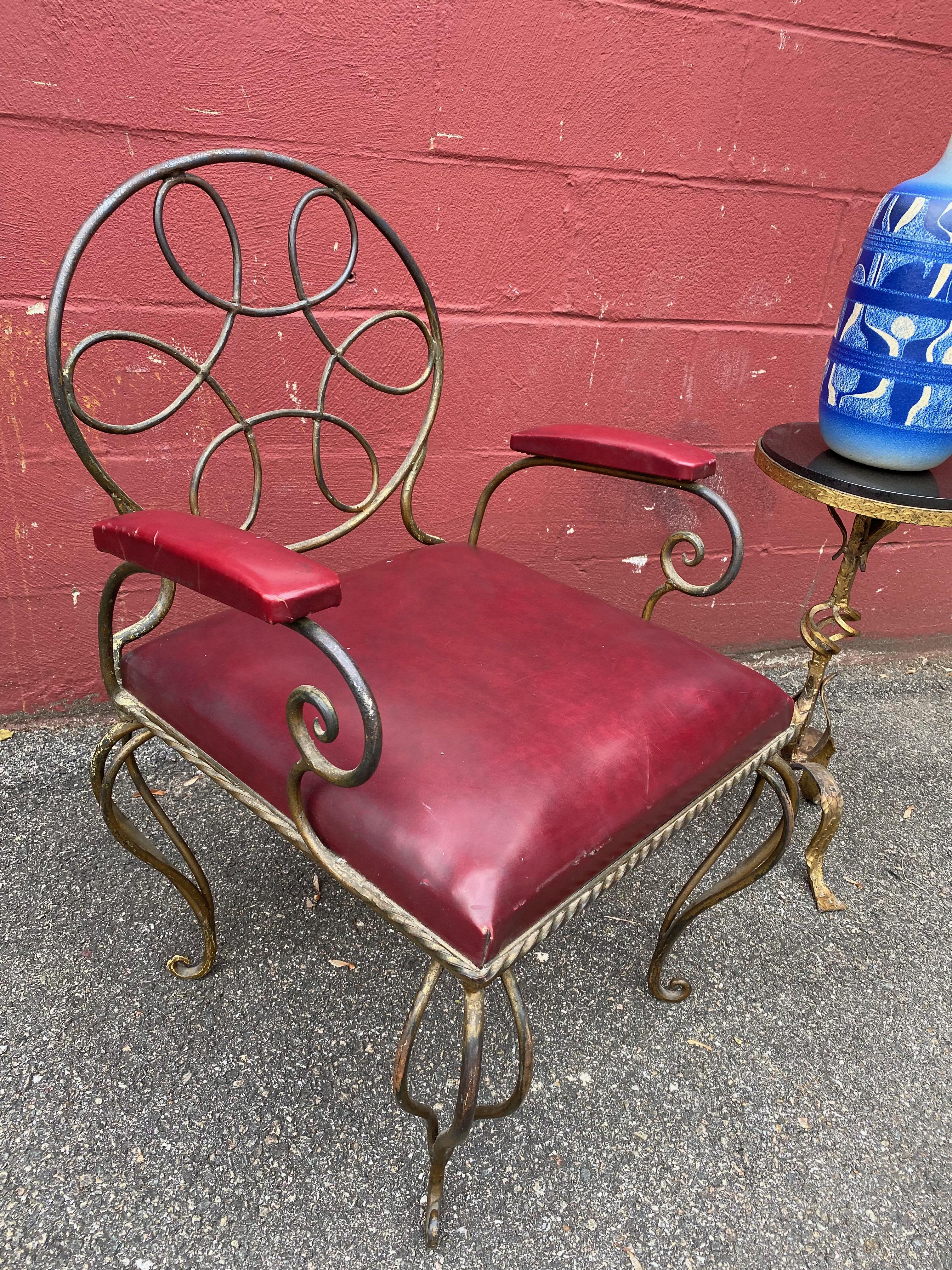 Ornate Wrought Iron Armchair in Oxblood Red Vinyl For Sale 8