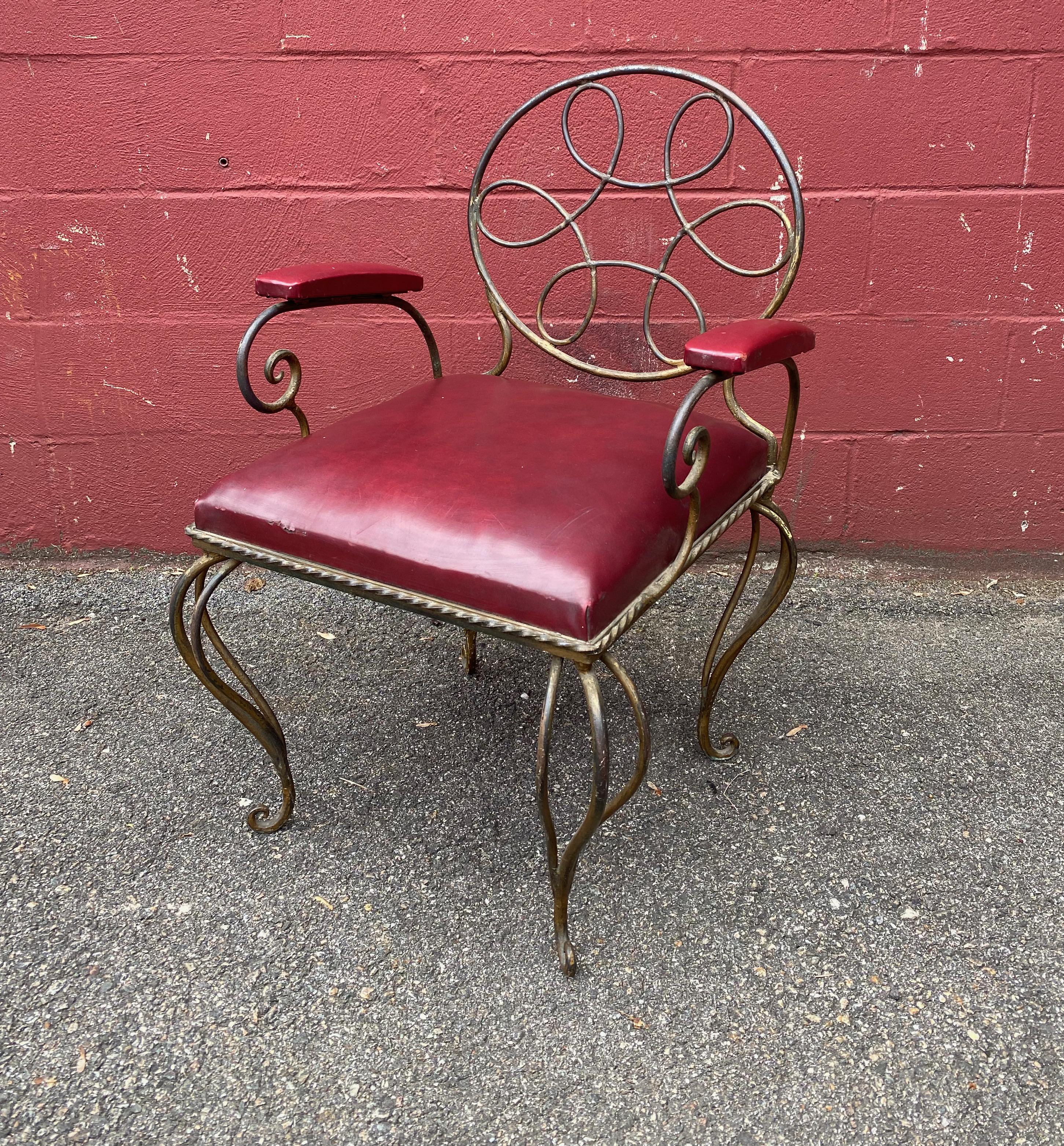 Mid-Century Modern Ornate Wrought Iron Armchair in Oxblood Red Vinyl For Sale
