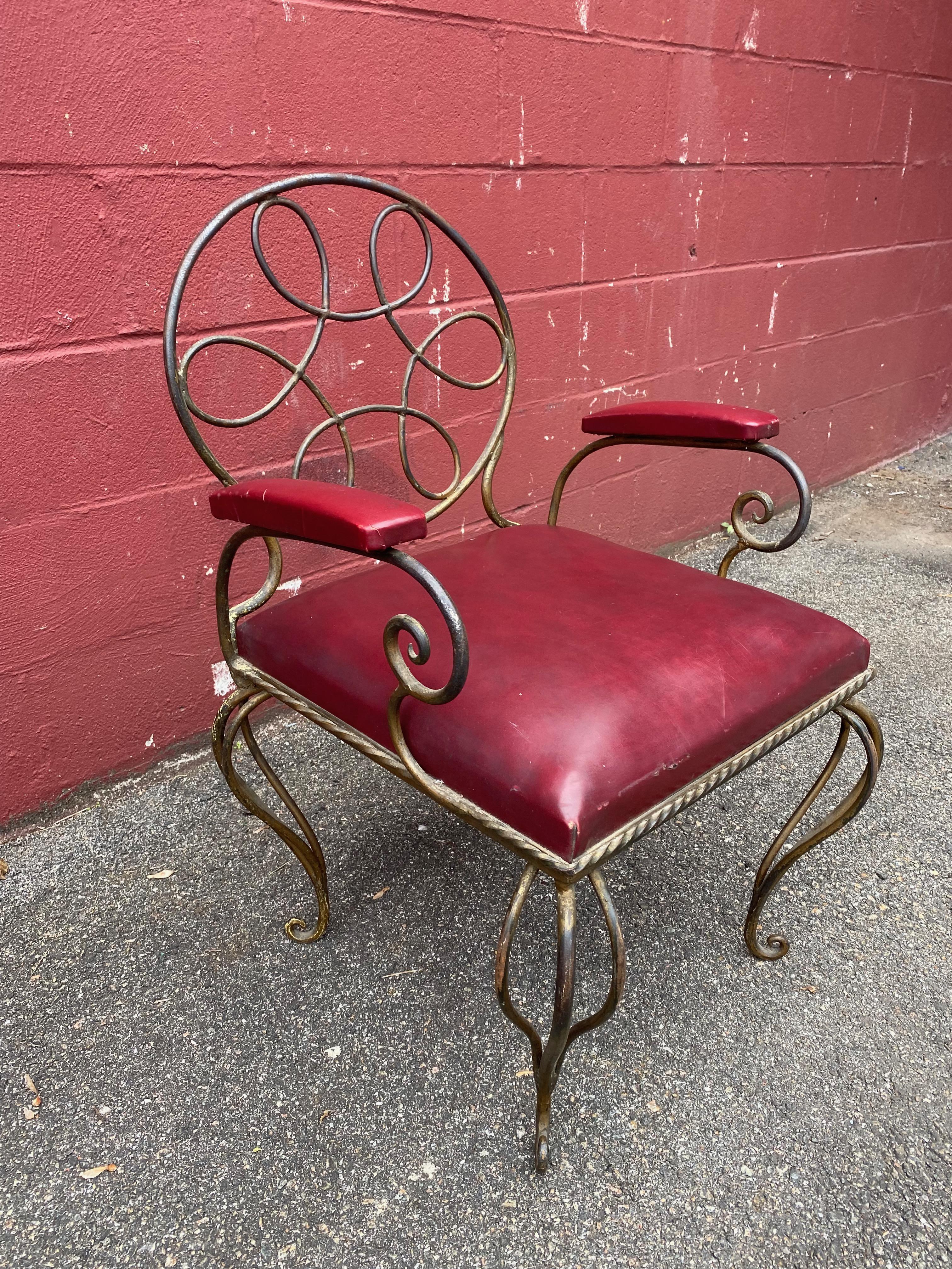 American Ornate Wrought Iron Armchair in Oxblood Red Vinyl For Sale