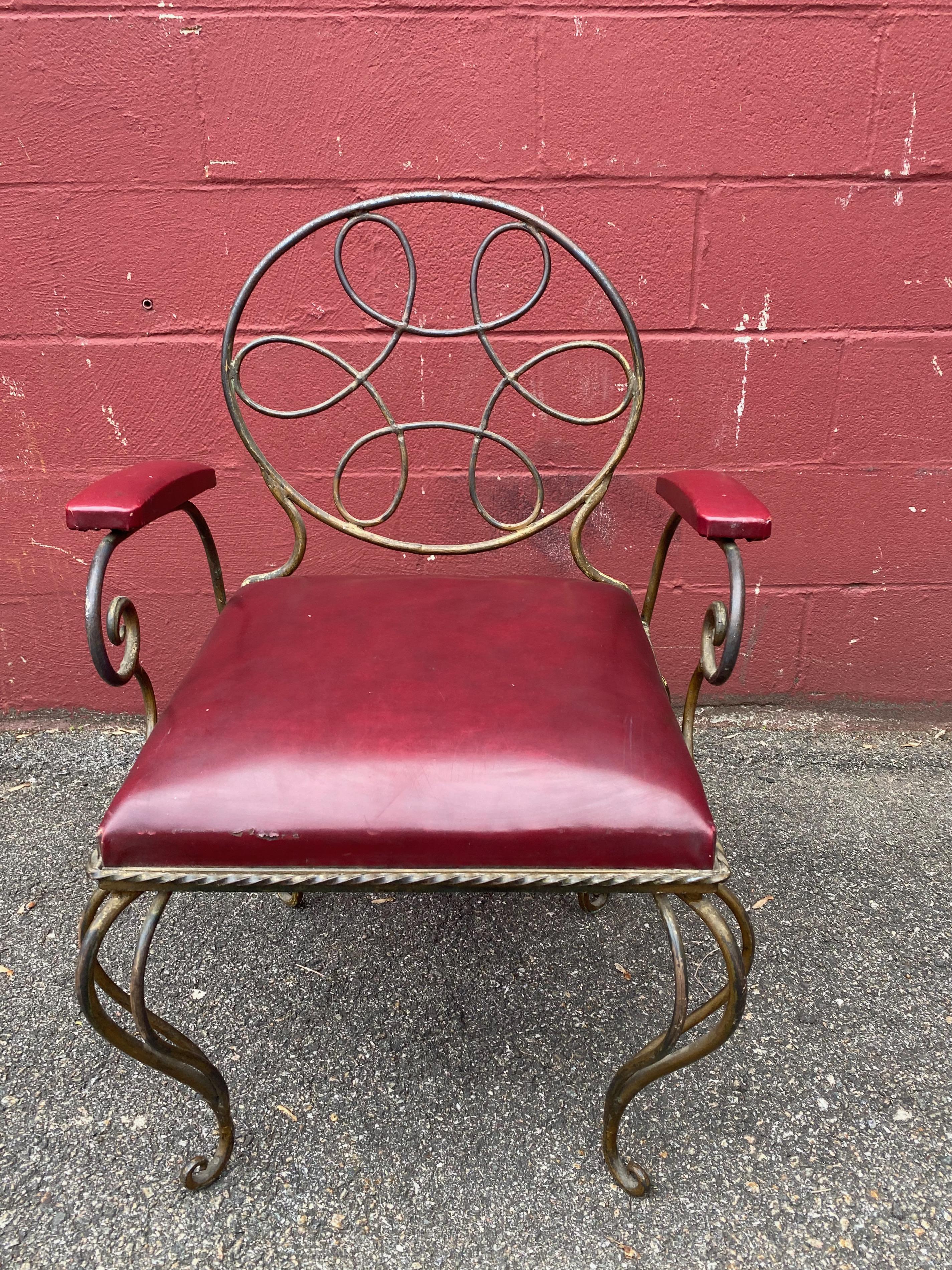 Ornate Wrought Iron Armchair in Oxblood Red Vinyl In Good Condition For Sale In Buchanan, NY