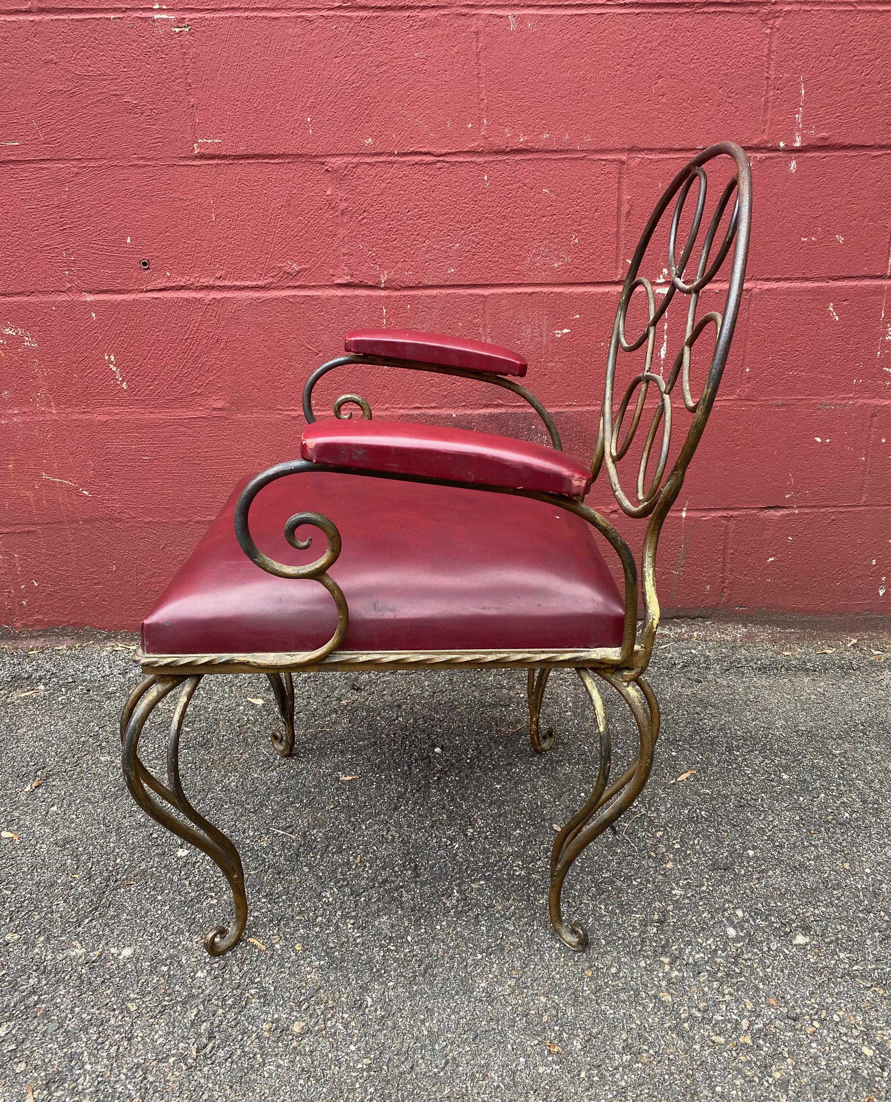 Ornate Wrought Iron Armchair in Oxblood Red Vinyl For Sale 1