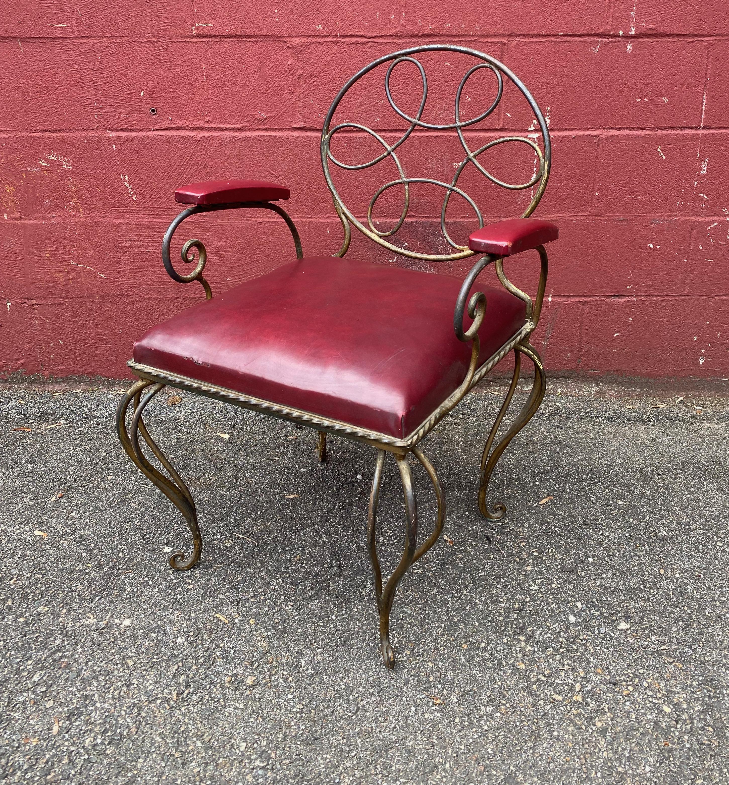 Ornate Wrought Iron Armchair in Oxblood Red Vinyl For Sale 2