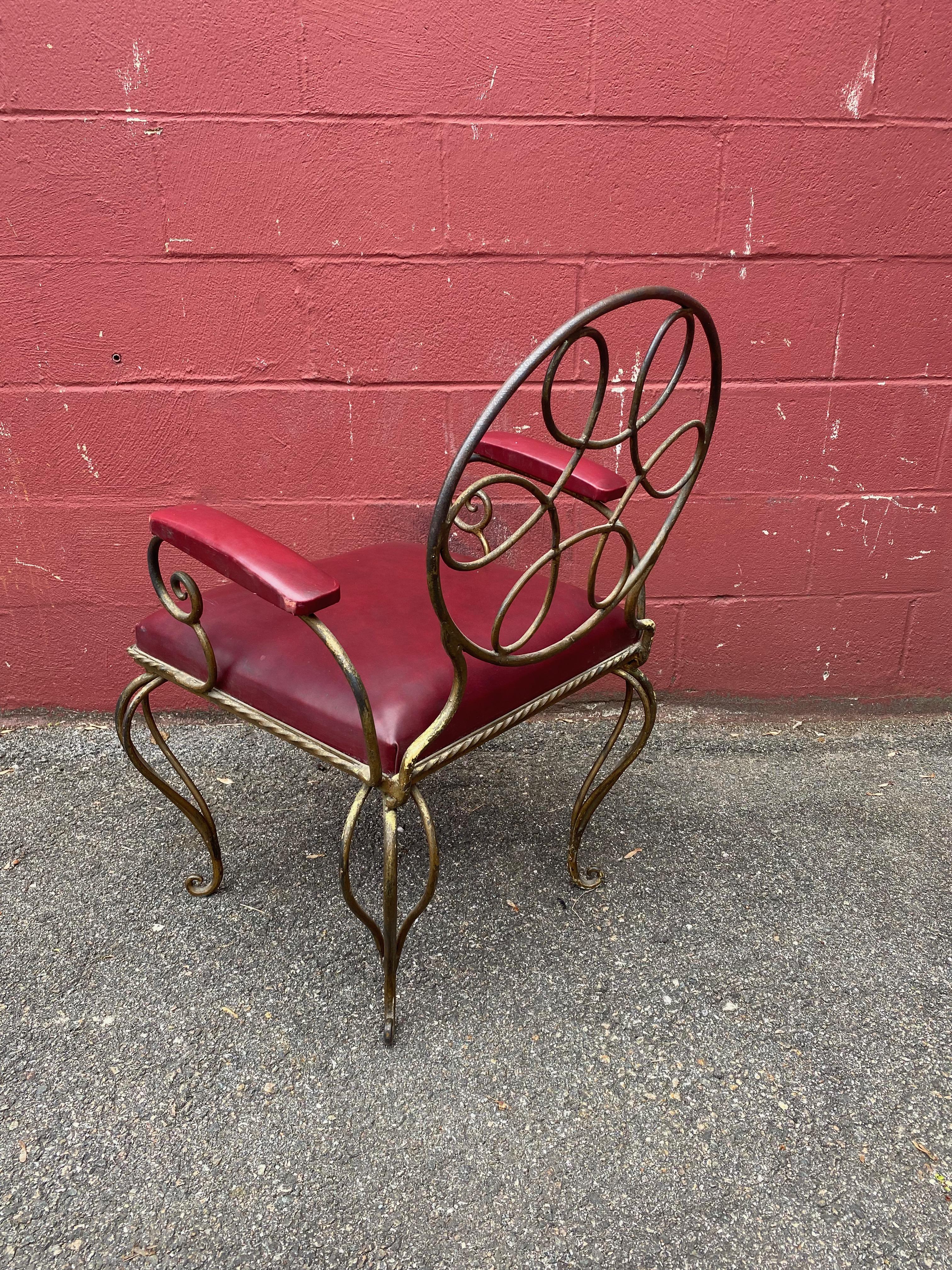 Ornate Wrought Iron Armchair in Oxblood Red Vinyl For Sale 3