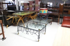 Ornate Wrought Iron Brass Ram Head Motive Glass Top Rectangle Coffee Table