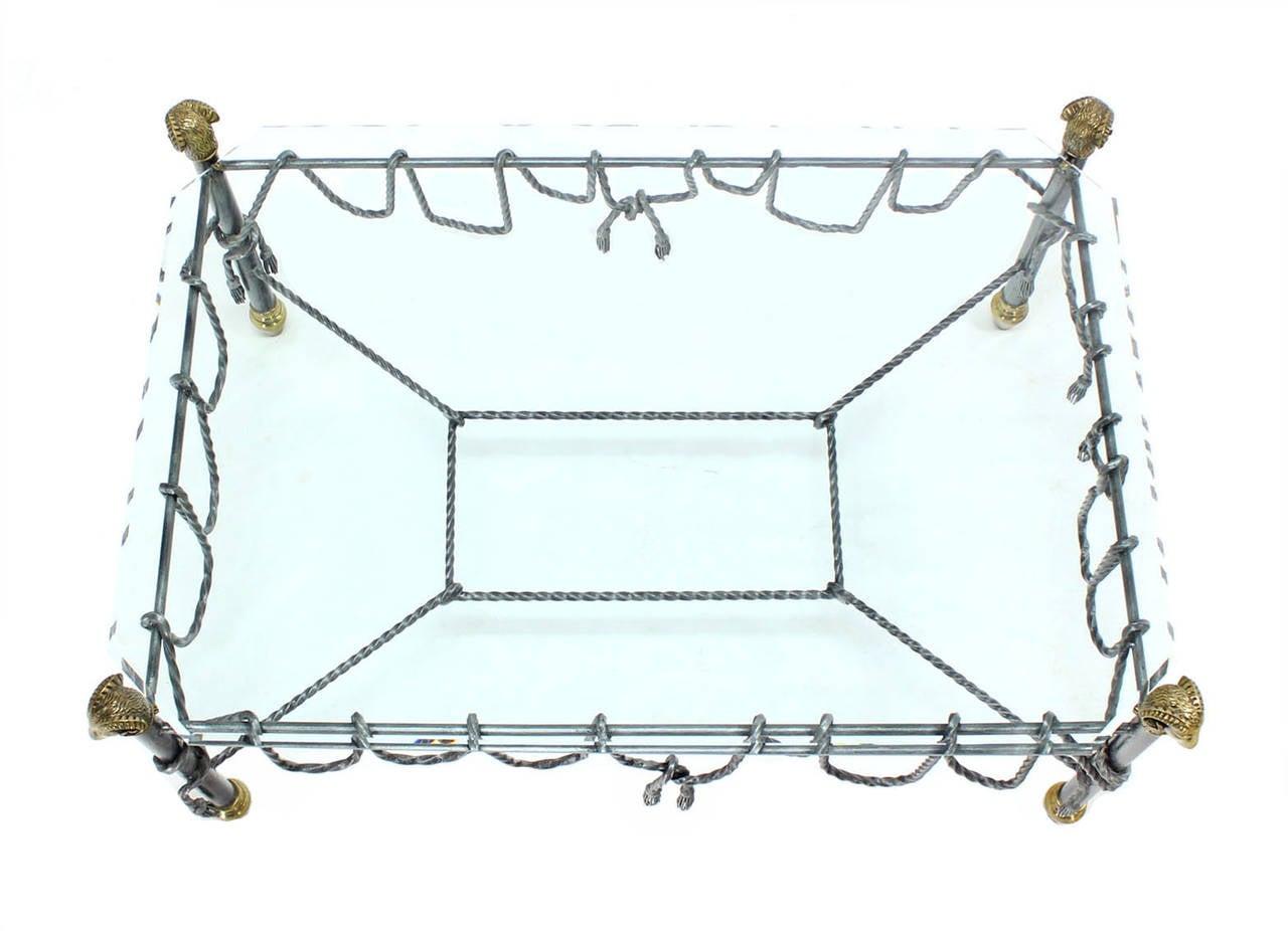 Mid-Century Modern Ornate Wrought Iron Brass Ram Head Motive Glass Top Rectangle Coffee Table Mint  For Sale