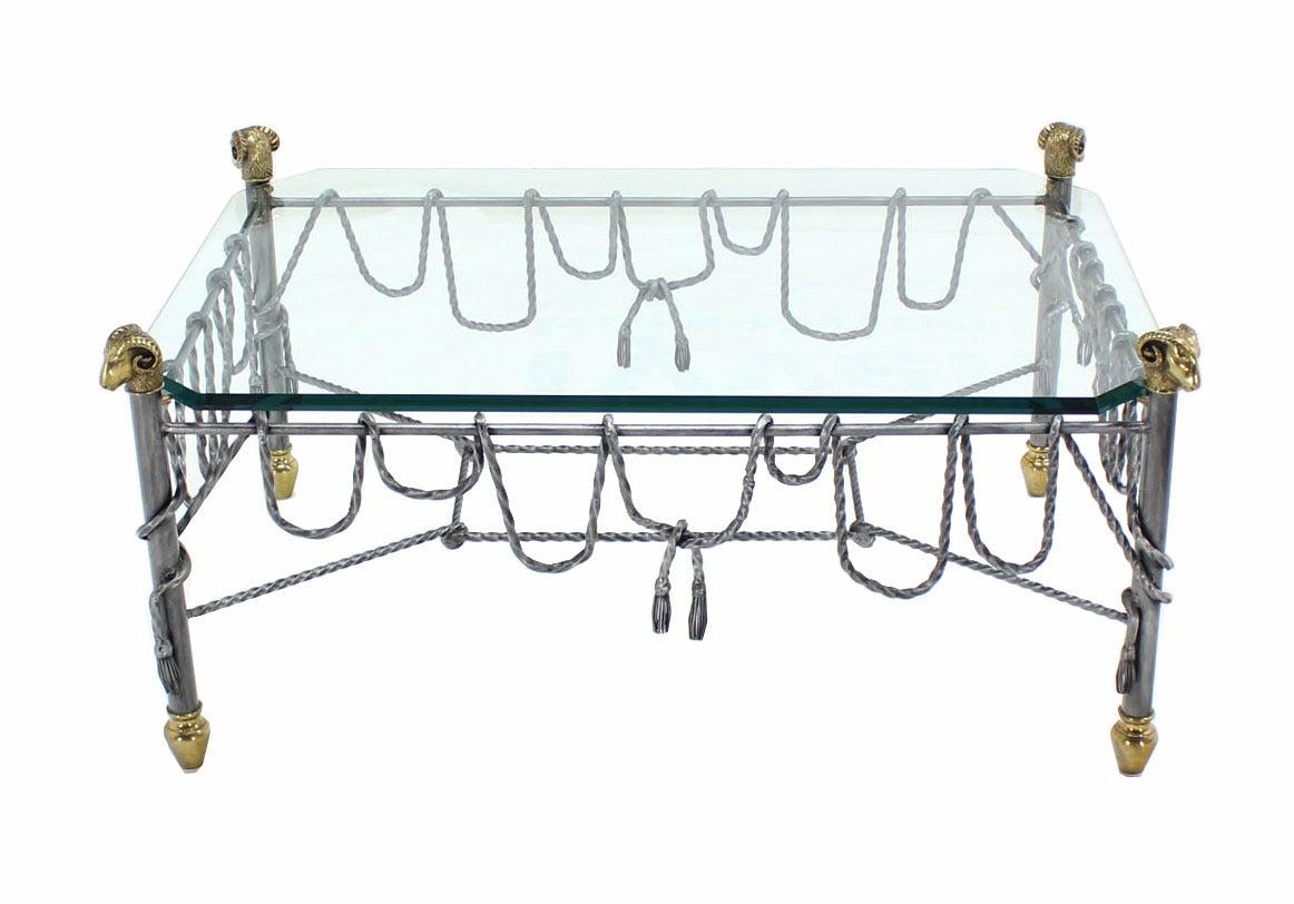 American Ornate Wrought Iron Brass Ram Head Motive Glass Top Rectangle Coffee Table Mint  For Sale