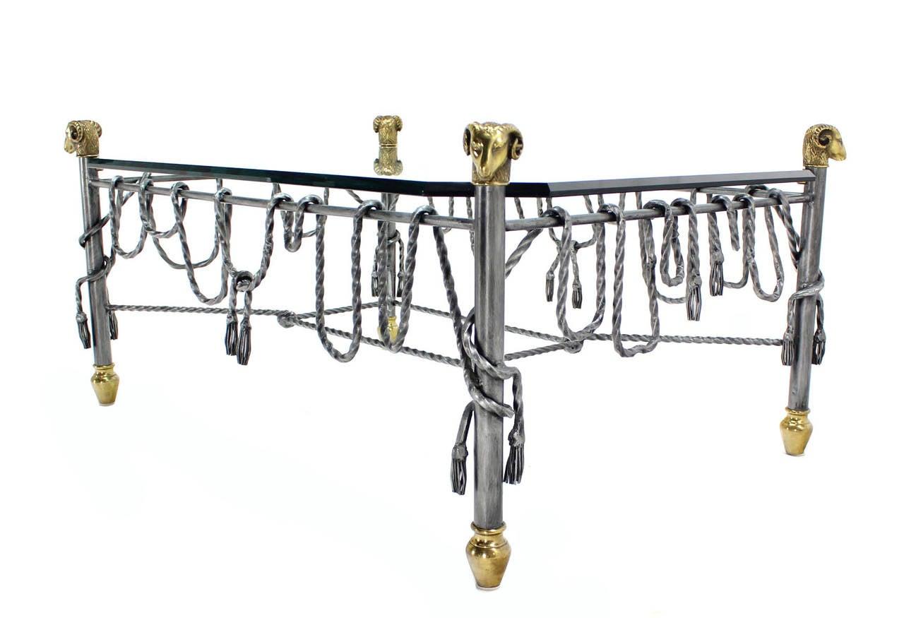 Ornate Wrought Iron Brass Ram Head Motive Glass Top Rectangle Coffee Table Mint  In Good Condition For Sale In Rockaway, NJ