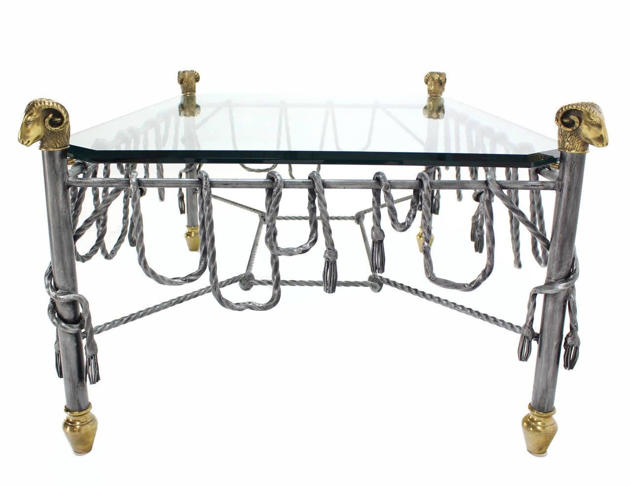 Ornate Wrought Iron Brass Ram Head Motive Glass Top Rectangle Coffee Table Mint  For Sale 1