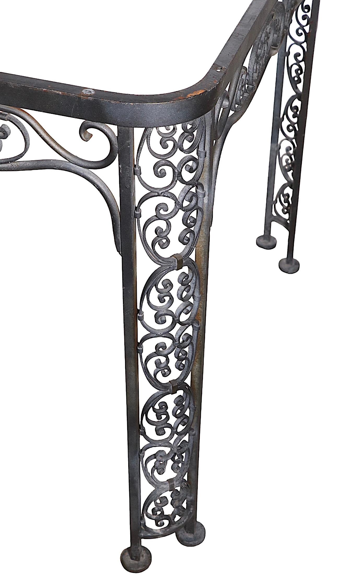 Ornate Wrought Iron Garden Patio Poolside Dining Table by Lee Woodard, c 1940's In Good Condition For Sale In New York, NY