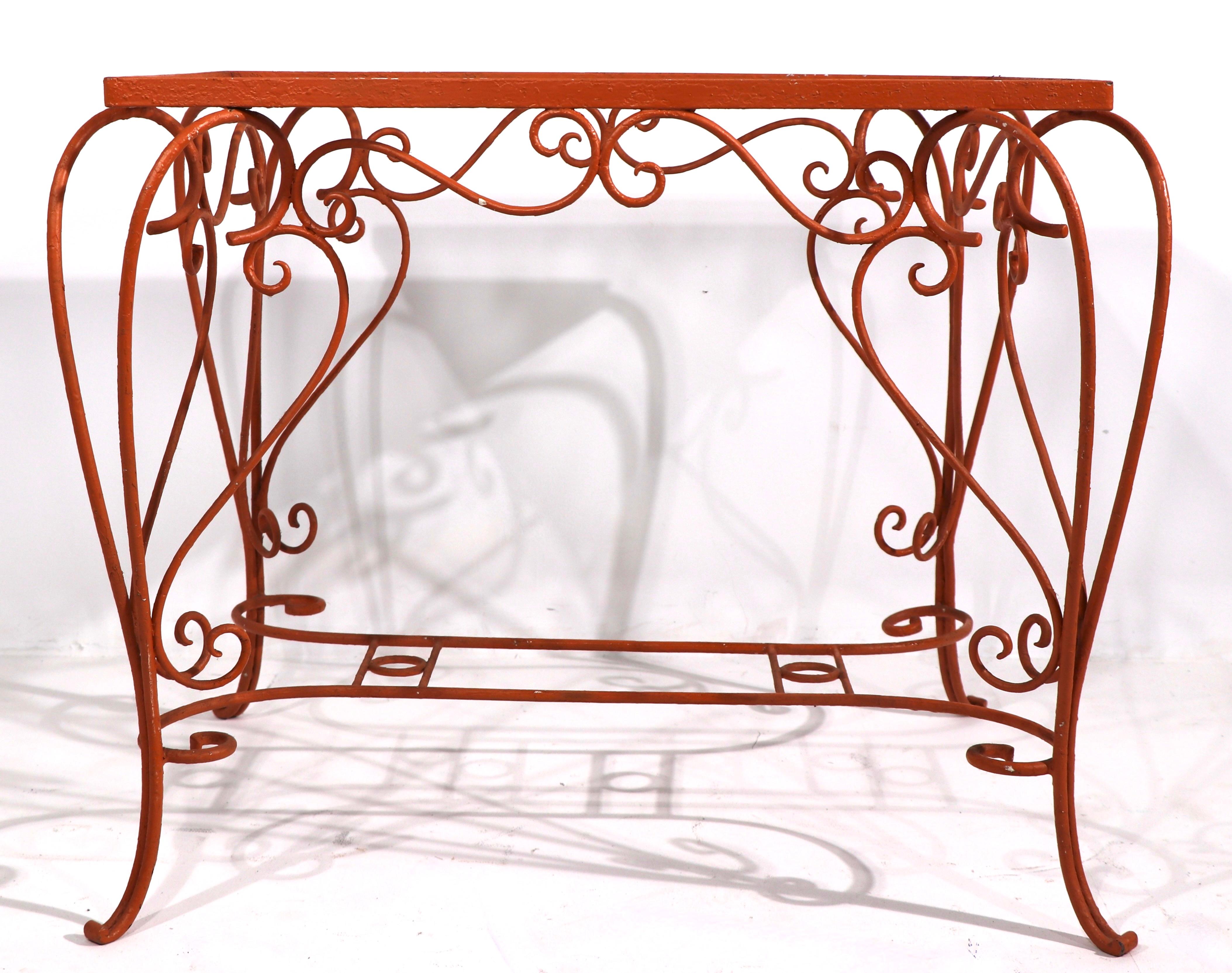 Art Nouveau Ornate Wrought Iron Garden Patio Poolside Table with Textured Glass top