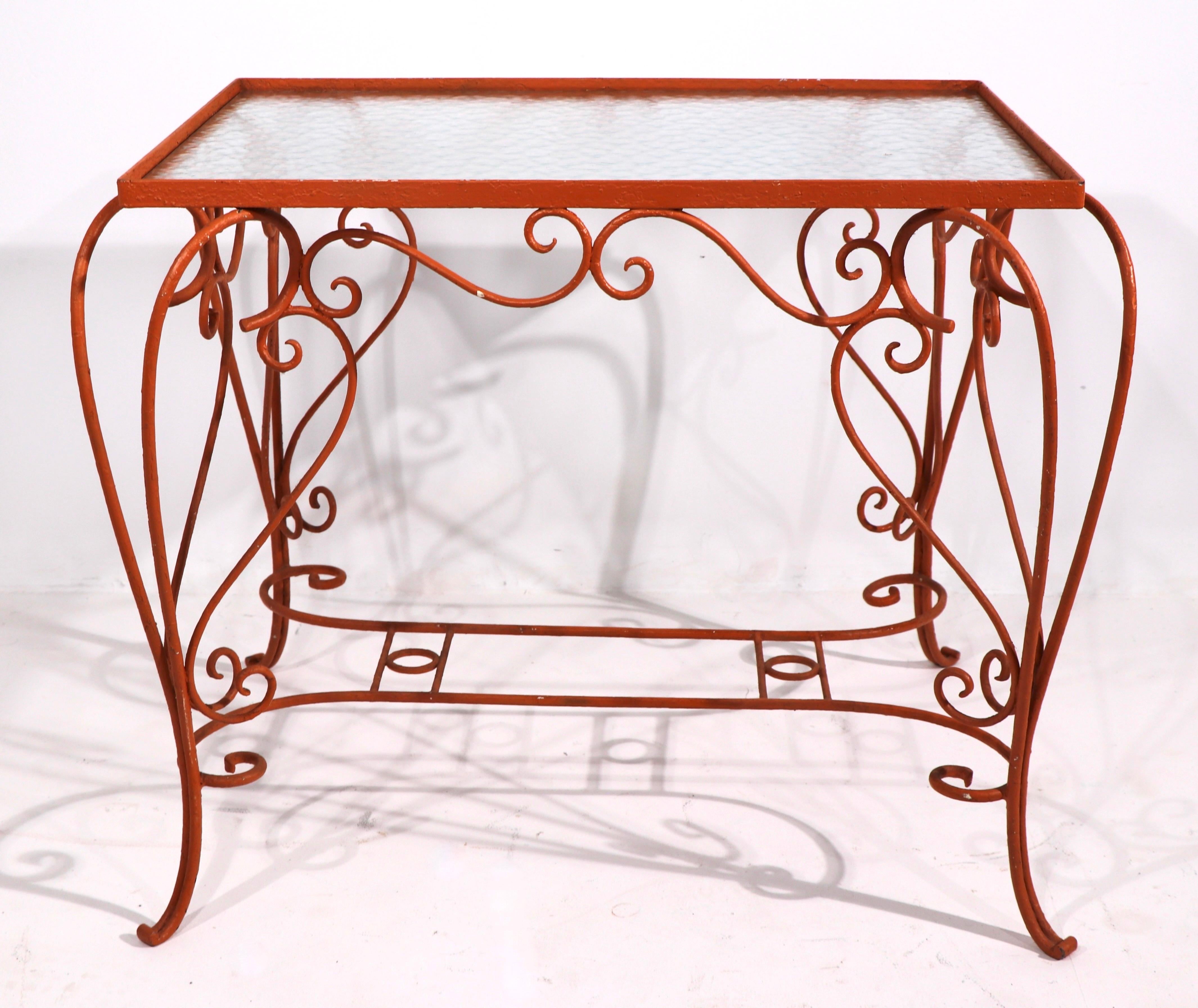 American Ornate Wrought Iron Garden Patio Poolside Table with Textured Glass top