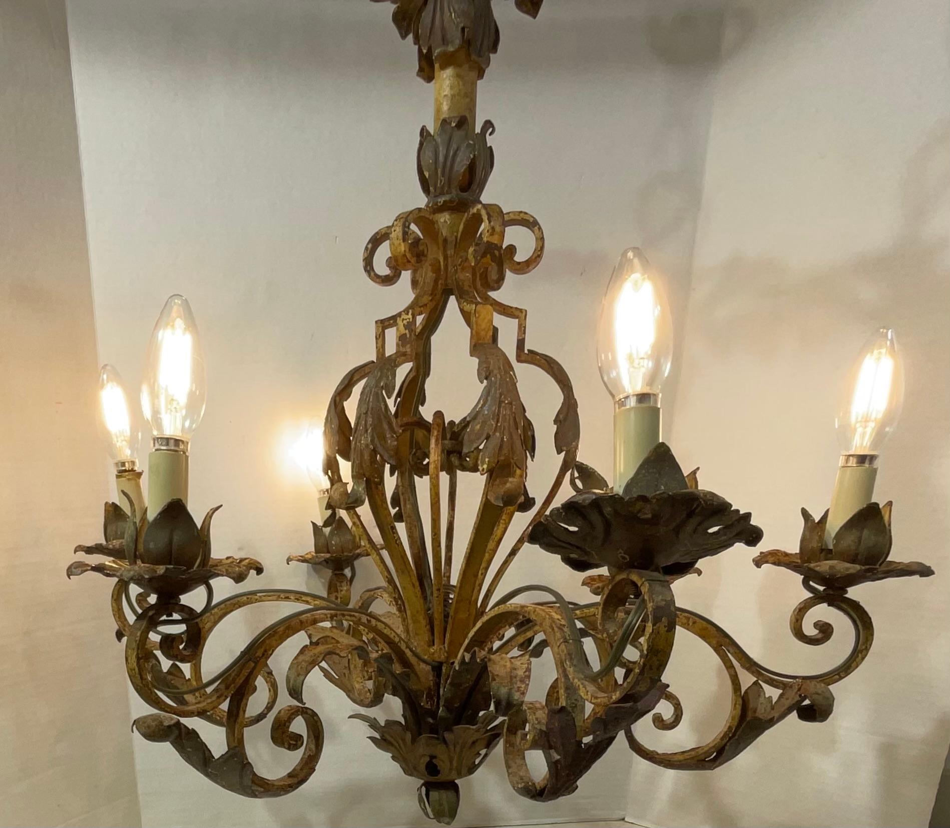 Hand-Crafted Ornate Wrought Iron Mizner Style Chandelier For Sale