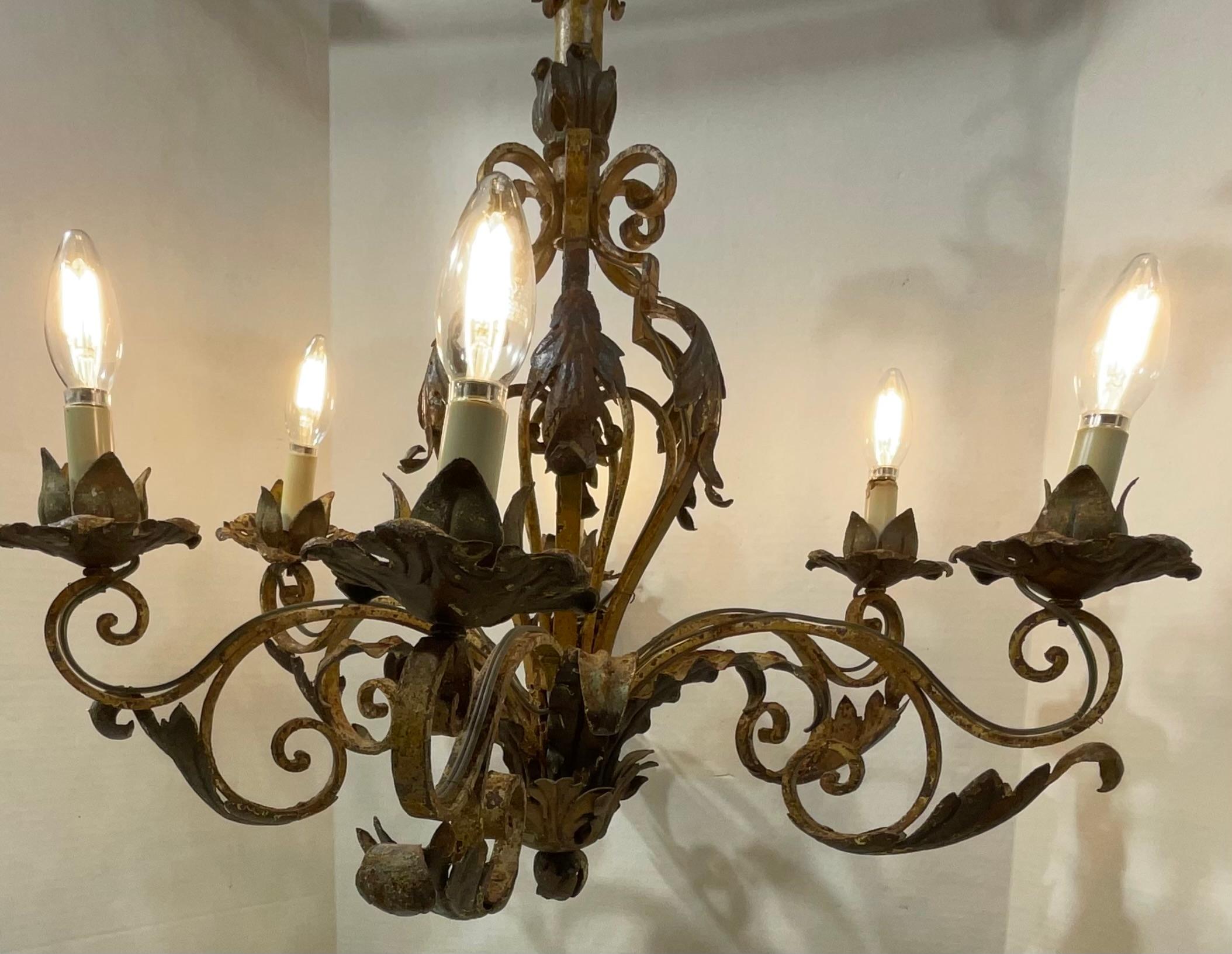 20th Century Ornate Wrought Iron Mizner Style Chandelier For Sale