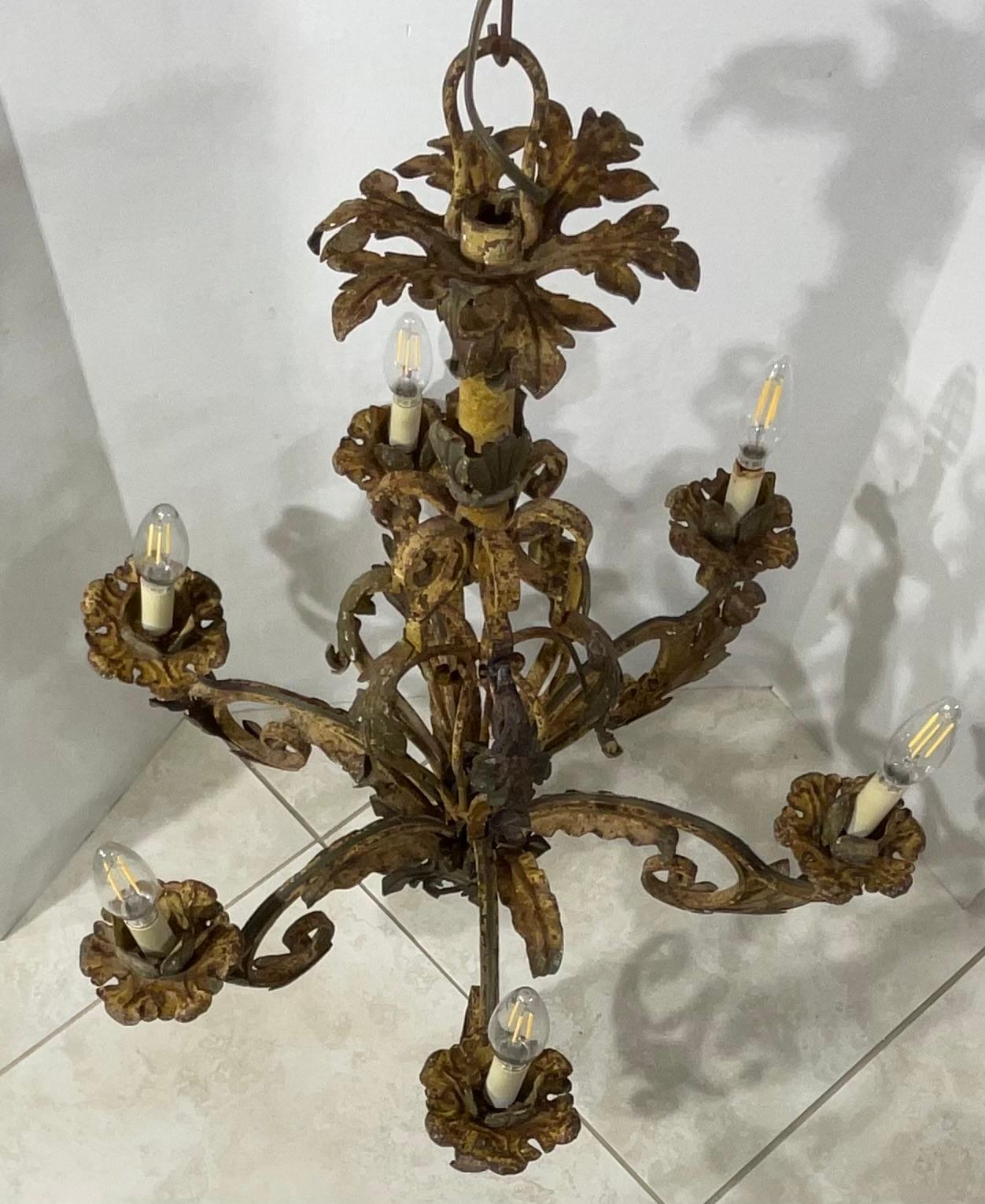 Ornate Wrought Iron Mizner Style Chandelier For Sale 2