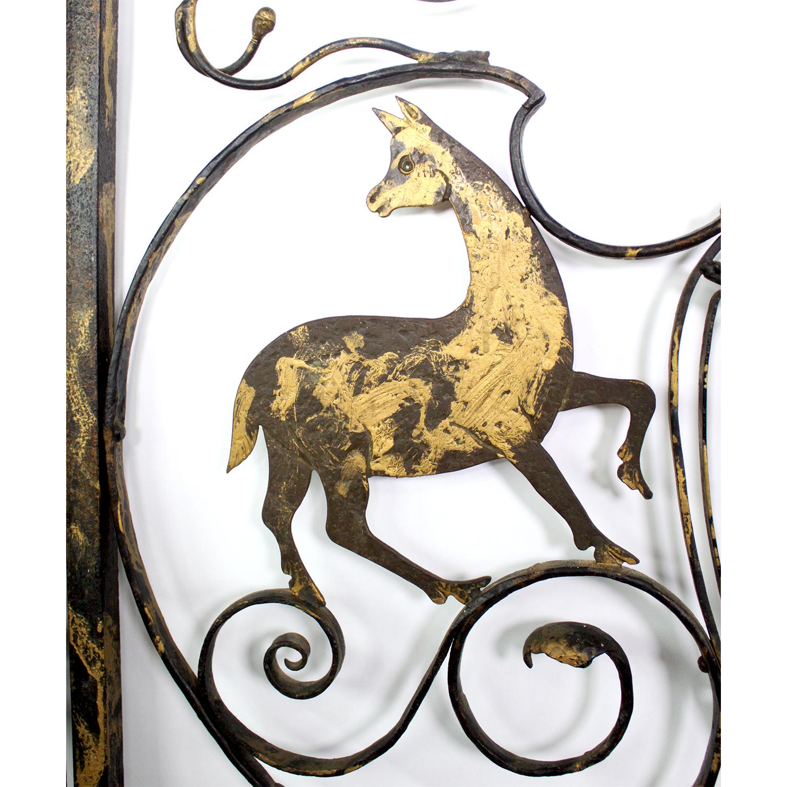 XX secolo Ornate Wrought Iron & Parcel-Gilt Figural Entry Gate in Manner of Edgar Brandt in vendita