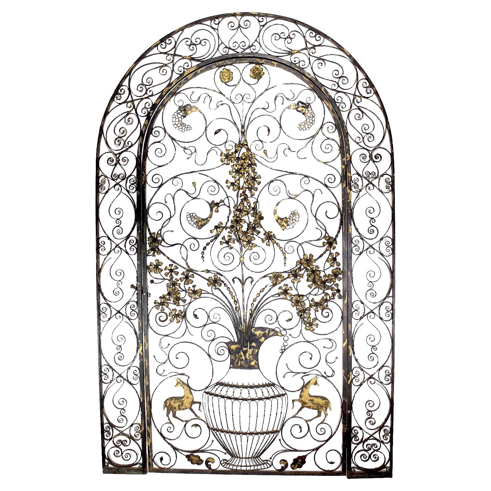 Ornate Wrought Iron & Parcel-Gilt Figural Entry Gate in Manner of Edgar Brandt