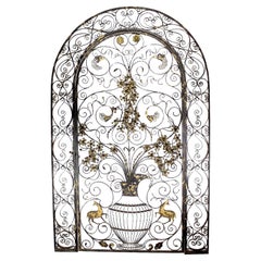 Used Ornate Wrought Iron & Parcel-Gilt Figural Entry Gate in Manner of Edgar Brandt