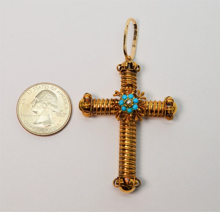 Croix Ancienne En Or Jaune 18 Carats Avec Turquoises Et Perle - Occasion, Bijou Vintage
