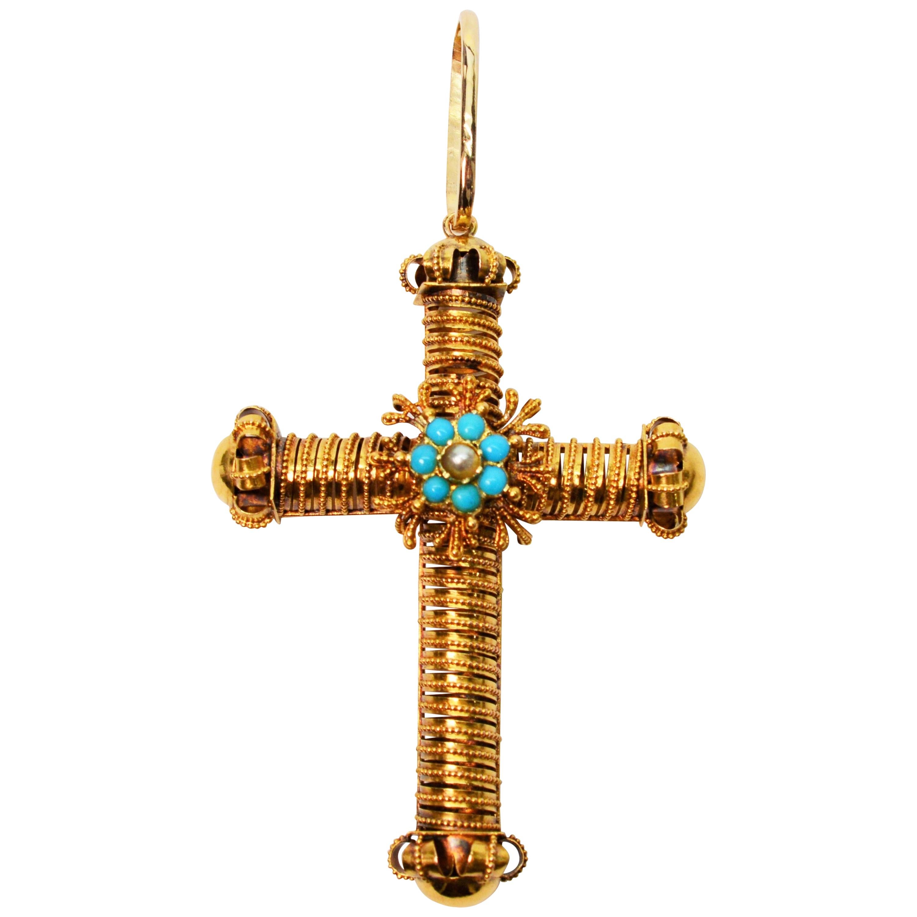 Ornate Yellow Gold Cross Pendant with Turquoise Pearl Accents