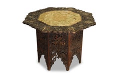 Ornately Carved Asian Hardwood and Hammered Brass Table